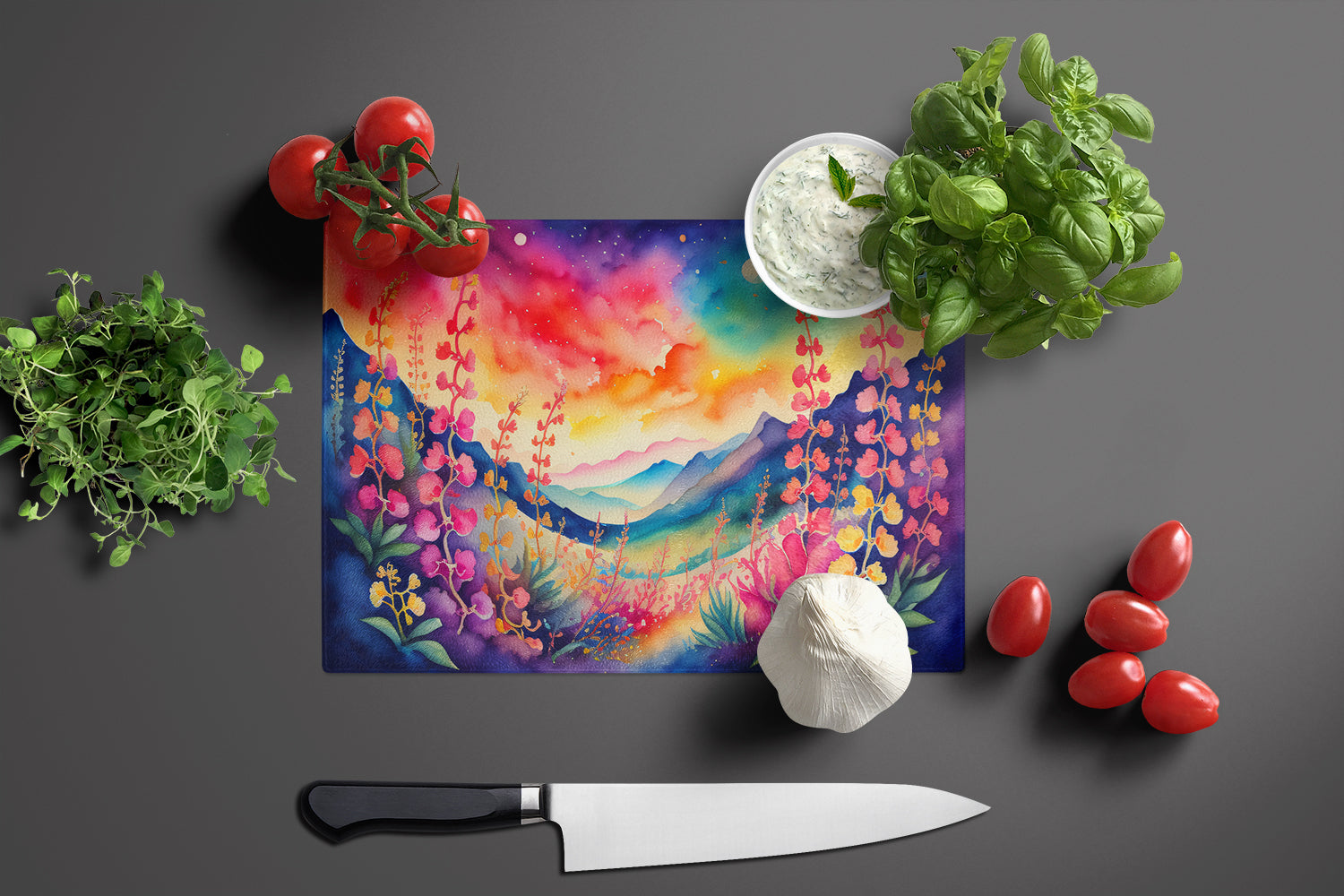Snapdragon in Color Cutting Board Tempered Glass Kitchen Cutting Surface, Heat Resistant Chopping, Non-Slip Feet, Food Prep & Serving