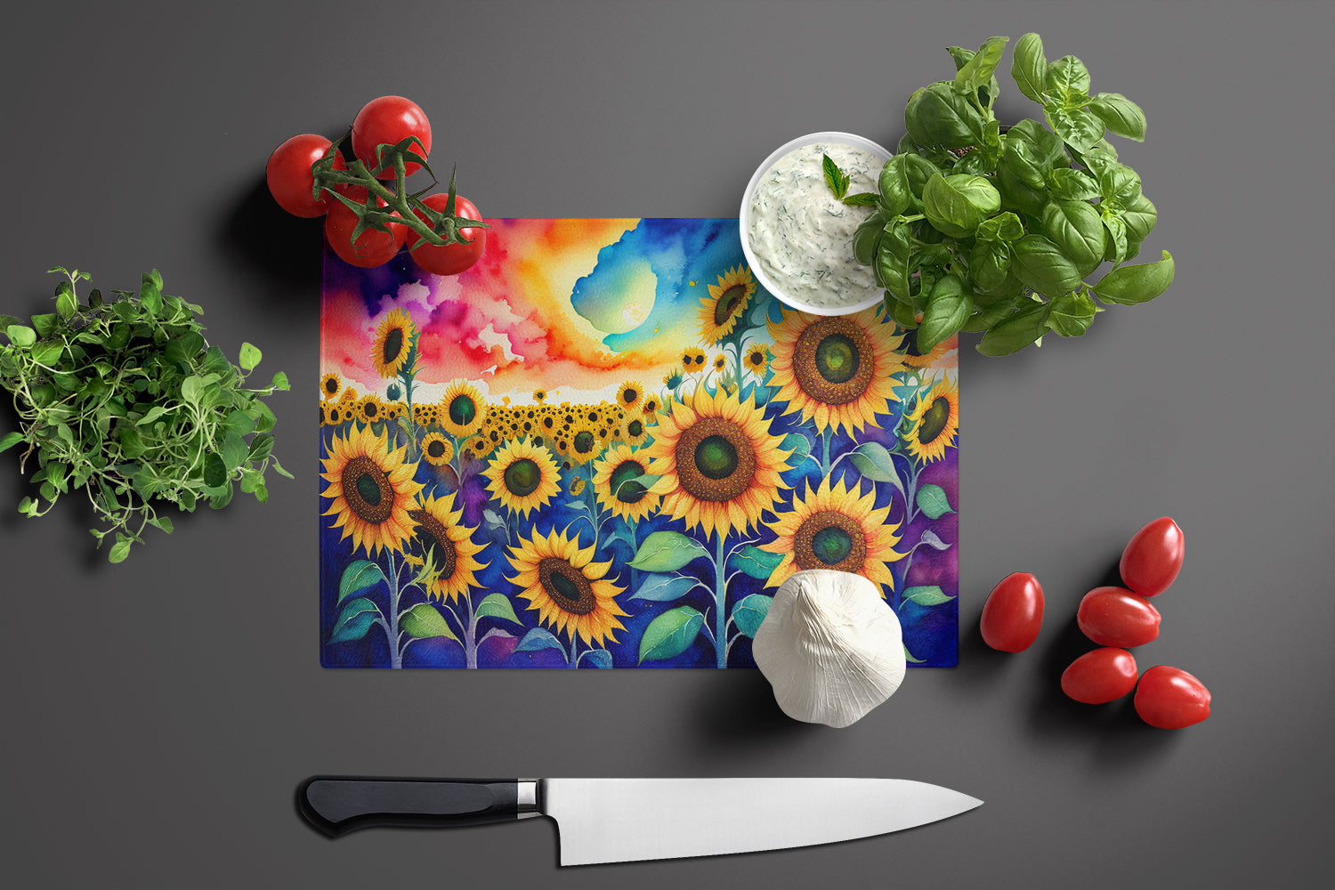 Sunflowers in Color Cutting Board Tempered Glass Kitchen Cutting Surface, Heat Resistant Chopping, Non-Slip Feet, Food Prep & Serving