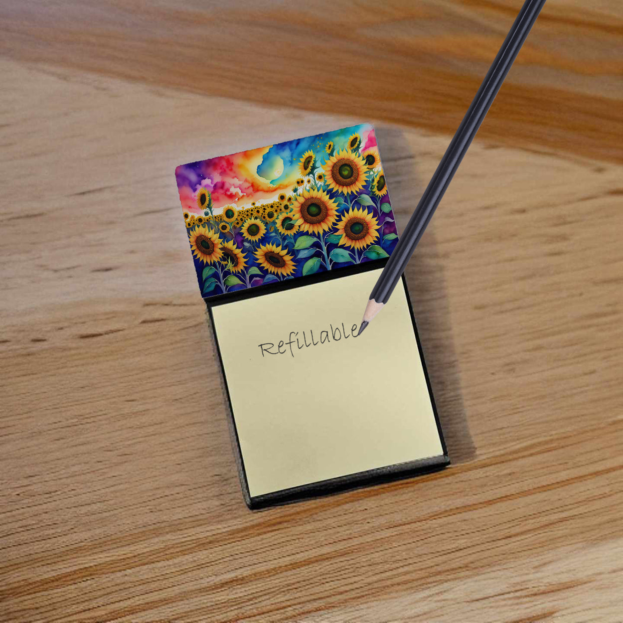 Sunflowers in Color Watercolor Sticky Note Holder Refillable Dispenser Desk Accessory 3x3 Pad Gift