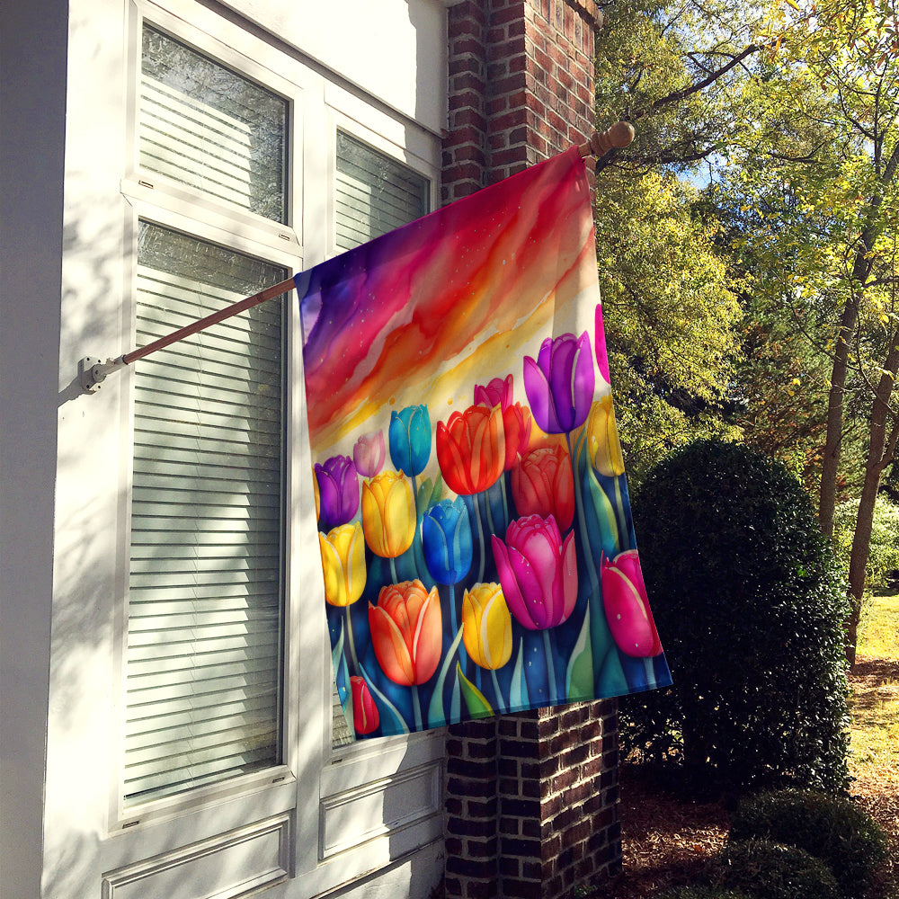 Tulips in Color House Flag 28x40 Porch Sleeve Pole Decorative Outside Yard Banner Artwork Wall Hanging, Polyester