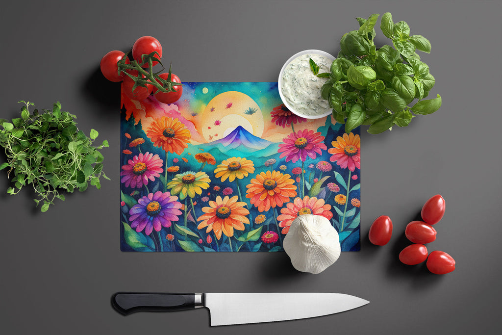 Zinnias in Color Cutting Board Tempered Glass Kitchen Cutting Surface, Heat Resistant Chopping, Non-Slip Feet, Food Prep & Serving