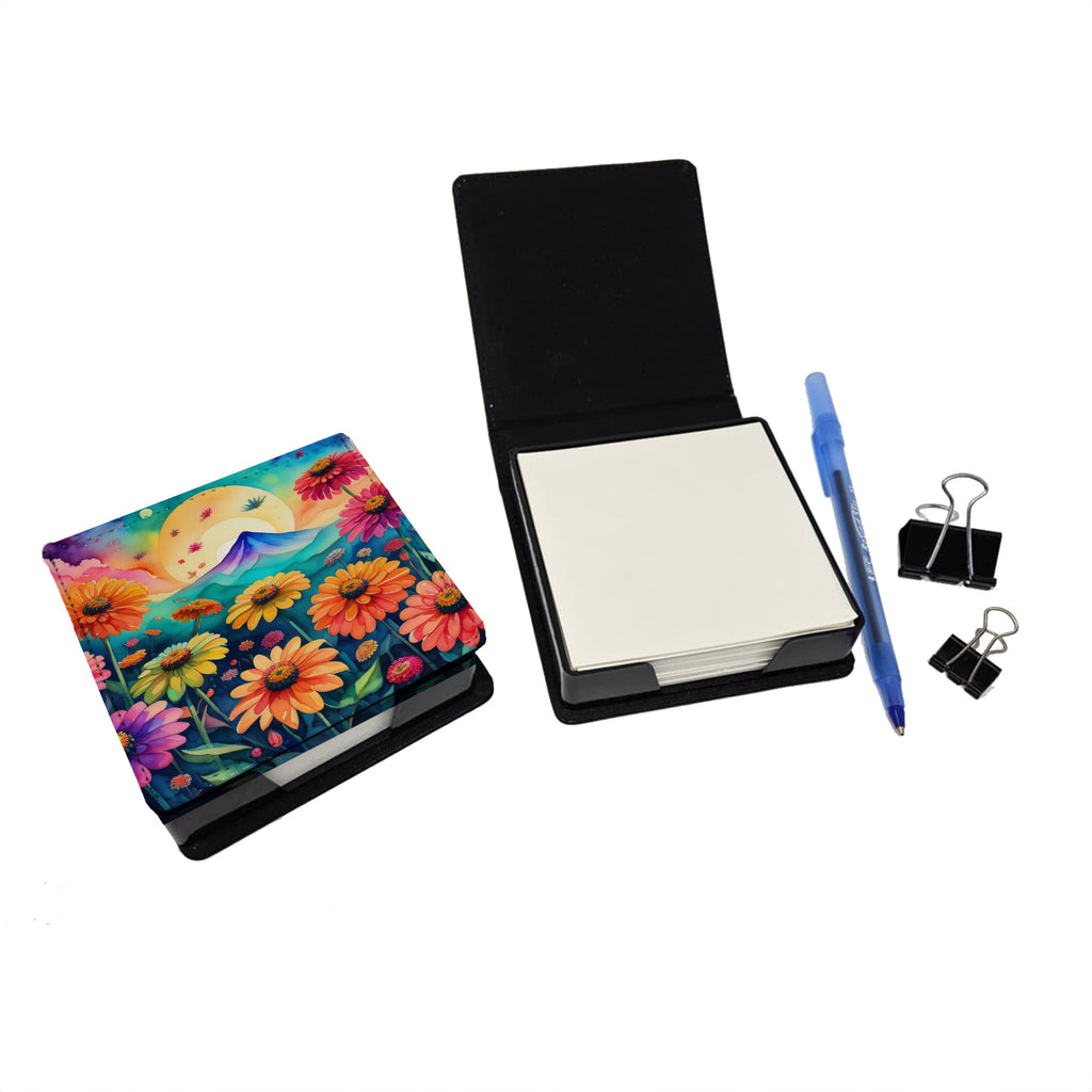 Zinnias in Color PU Leather Note Paper Holder with Artist-Designed Cover, Desk Accessory, Office Gift