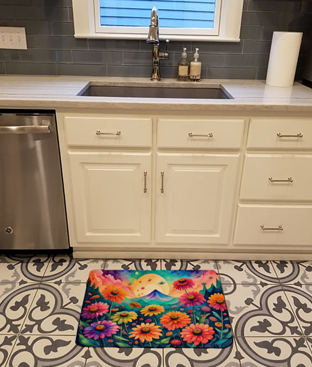 Zinnias in Color Memory Foam Kitchen Mat Machine Washable Anti-Fatigue Cushion Comfort Bath or Kitchen Rug