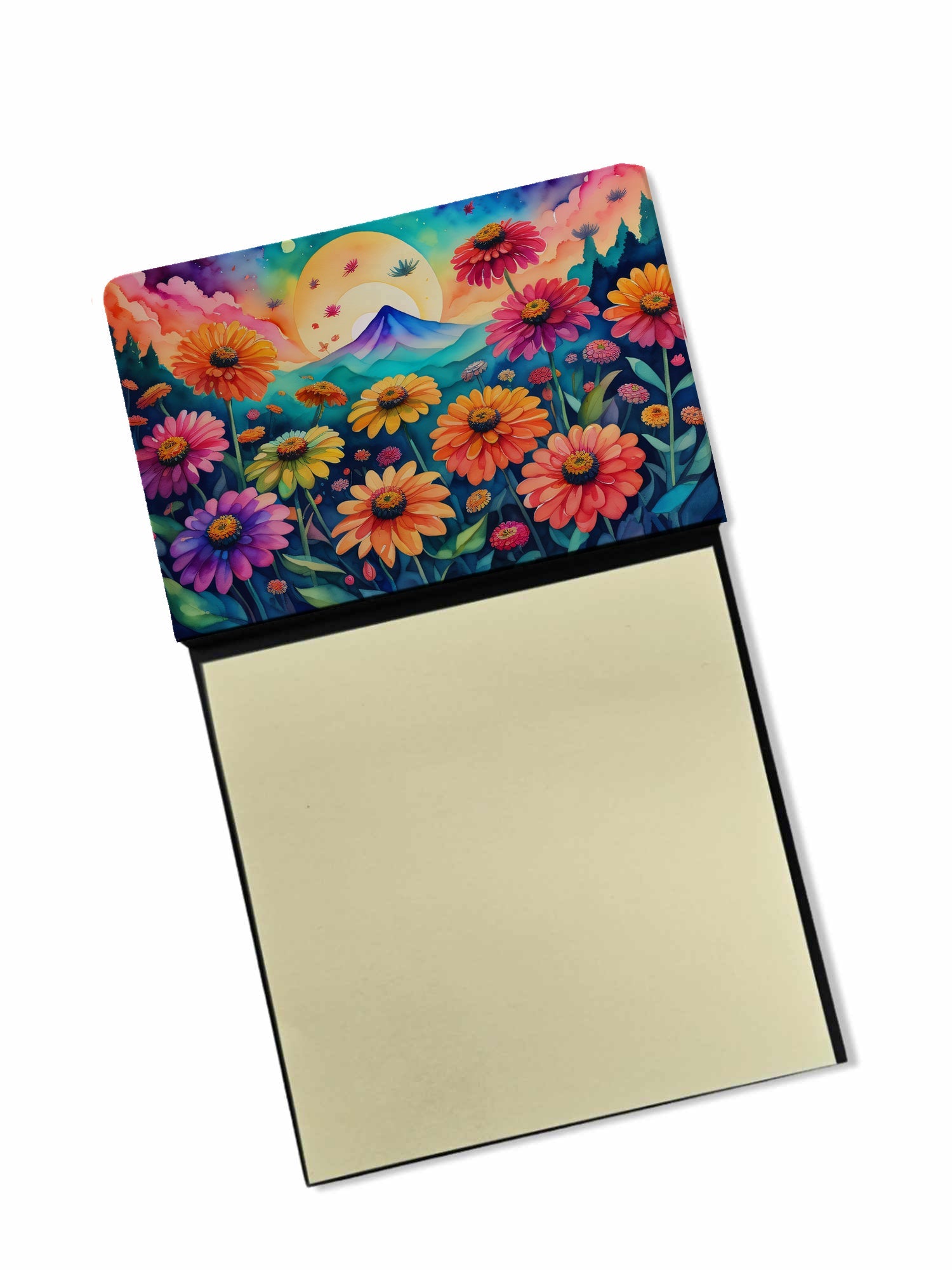 Zinnias in Color Watercolor Sticky Note Holder Refillable Dispenser Desk Accessory 3x3 Pad Gift