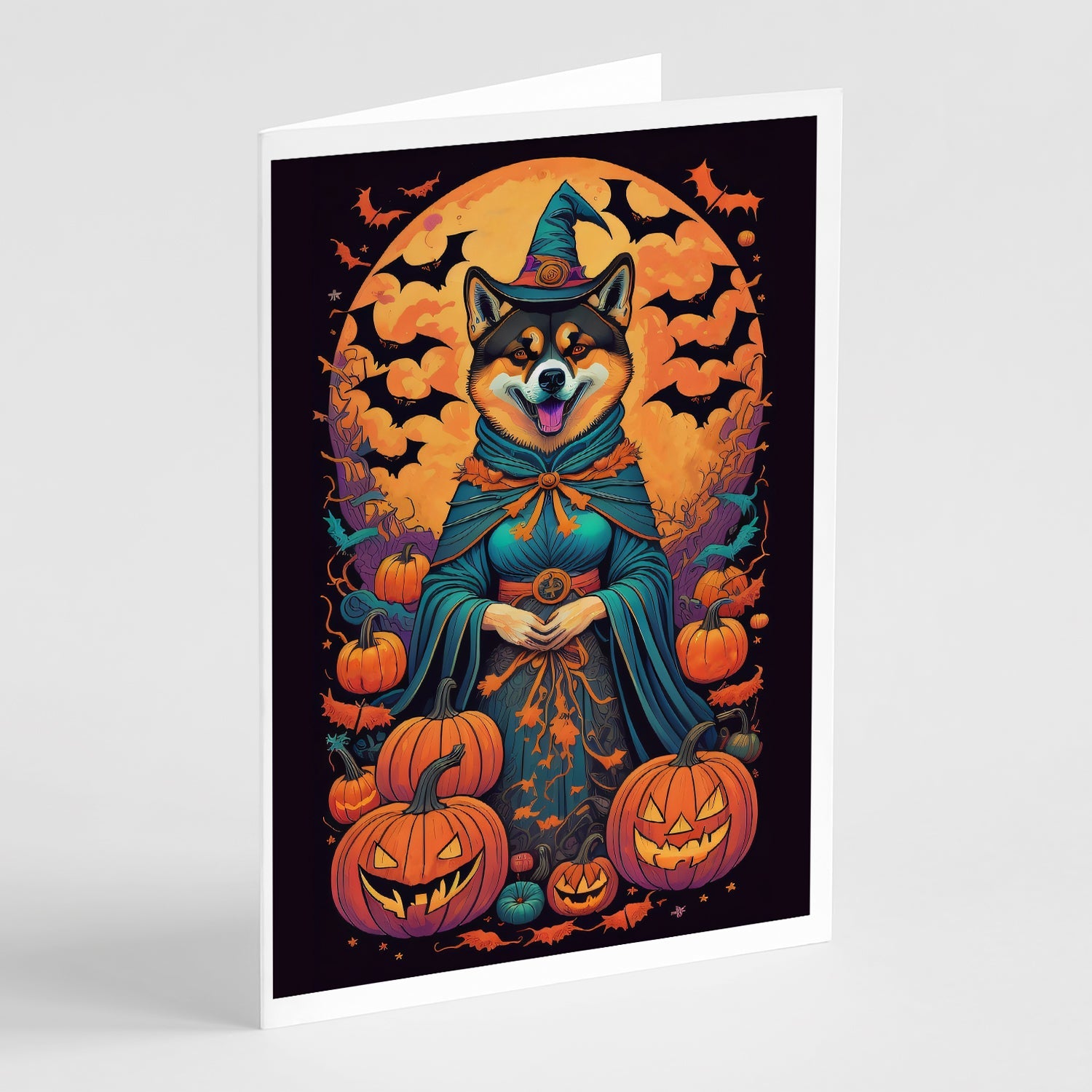 Akita Witchy Halloween Greeting Cards Pack of 8 Blank Cards with Envelopes Whimsical A7 Size 5x7