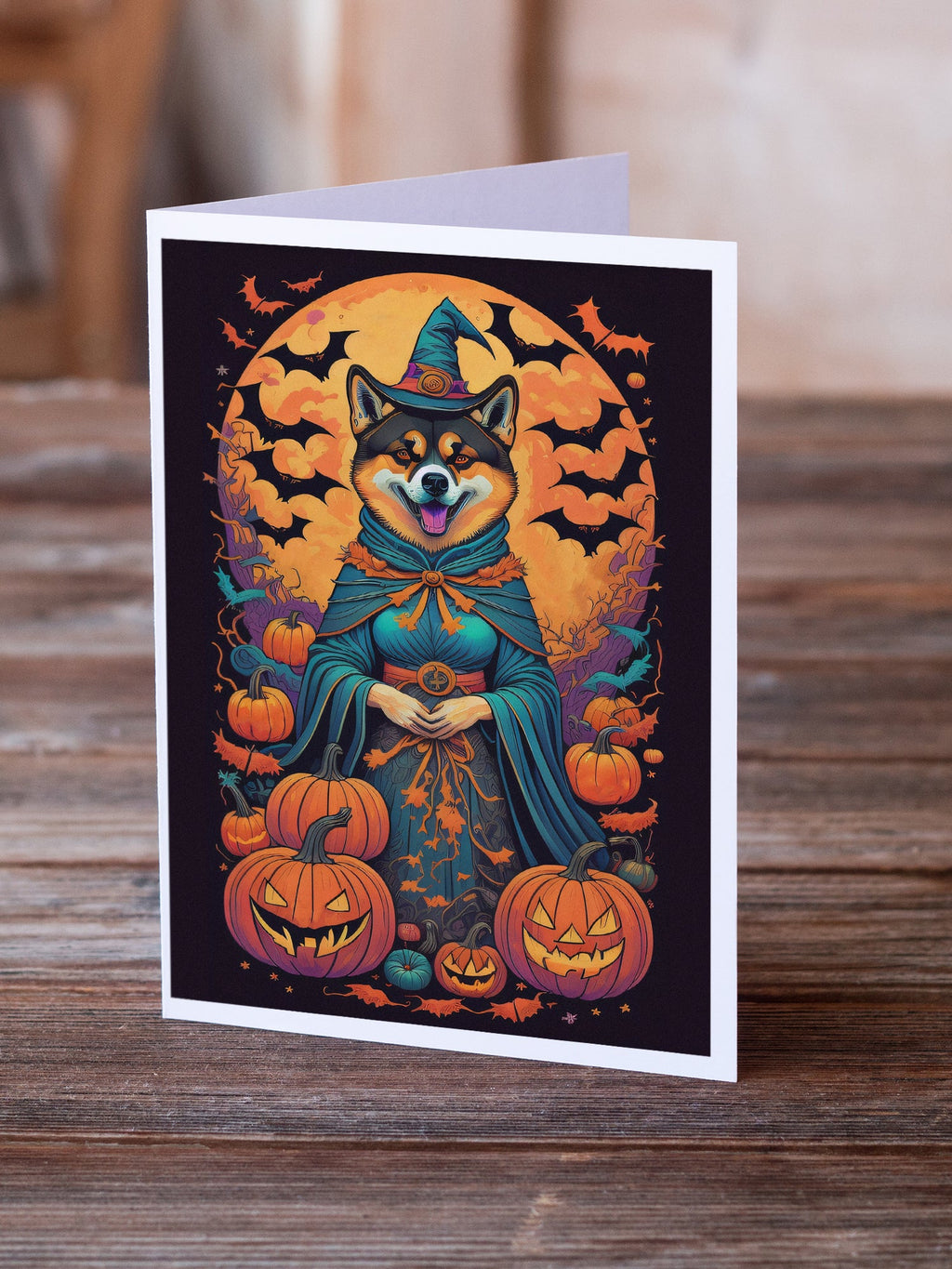Akita Witchy Halloween Greeting Cards Pack of 8 Blank Cards with Envelopes Whimsical A7 Size 5x7