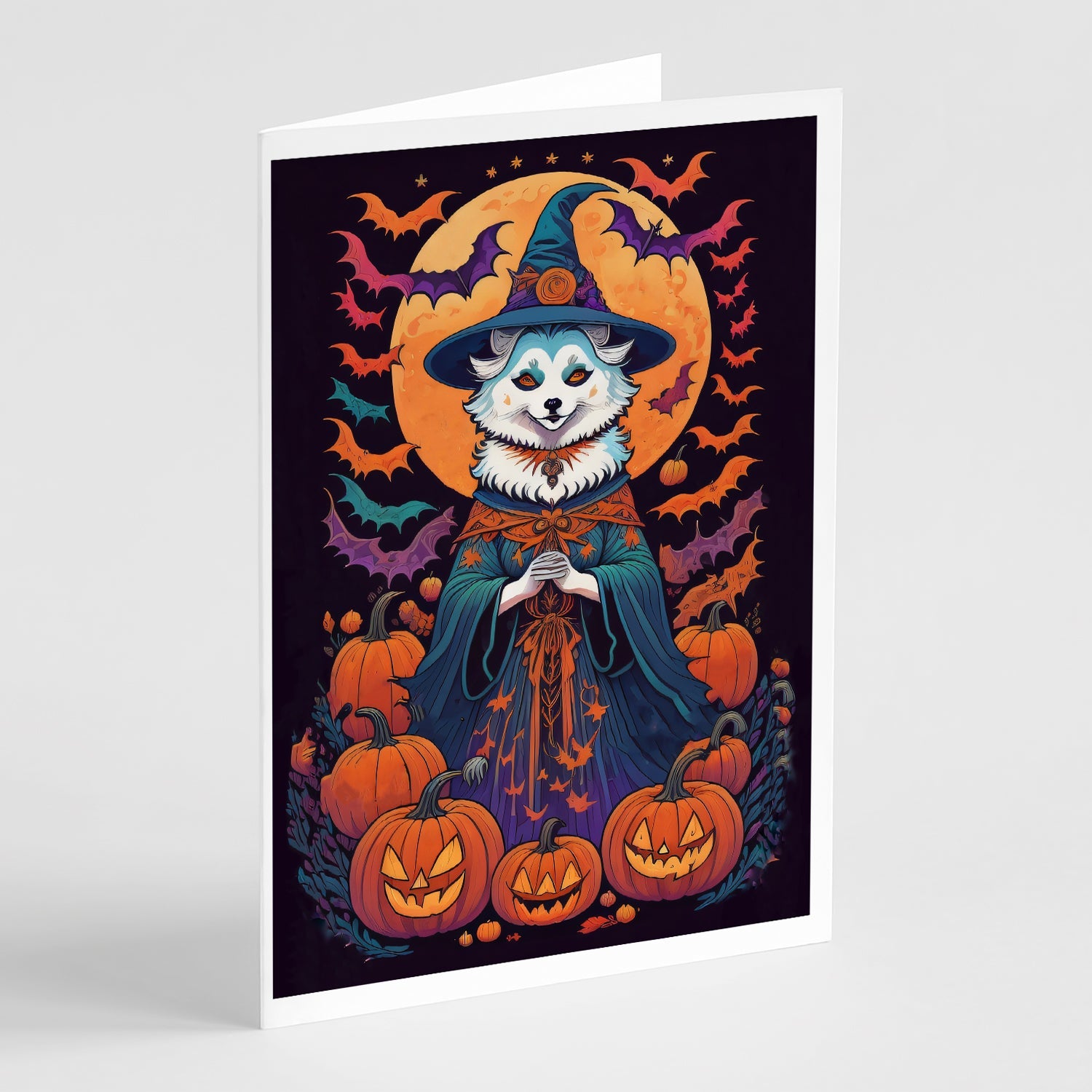 American Eskimo Witchy Halloween Greeting Cards Pack of 8 Blank Cards with Envelopes Whimsical A7 Size 5x7