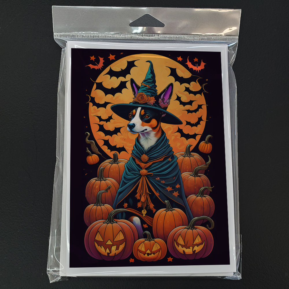 Basenji Witchy Halloween Greeting Cards Pack of 8 Blank Cards with Envelopes Whimsical A7 Size 5x7