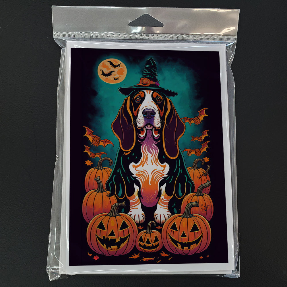 Basset Hound Witchy Halloween Greeting Cards Pack of 8 Blank Cards with Envelopes Whimsical A7 Size 5x7