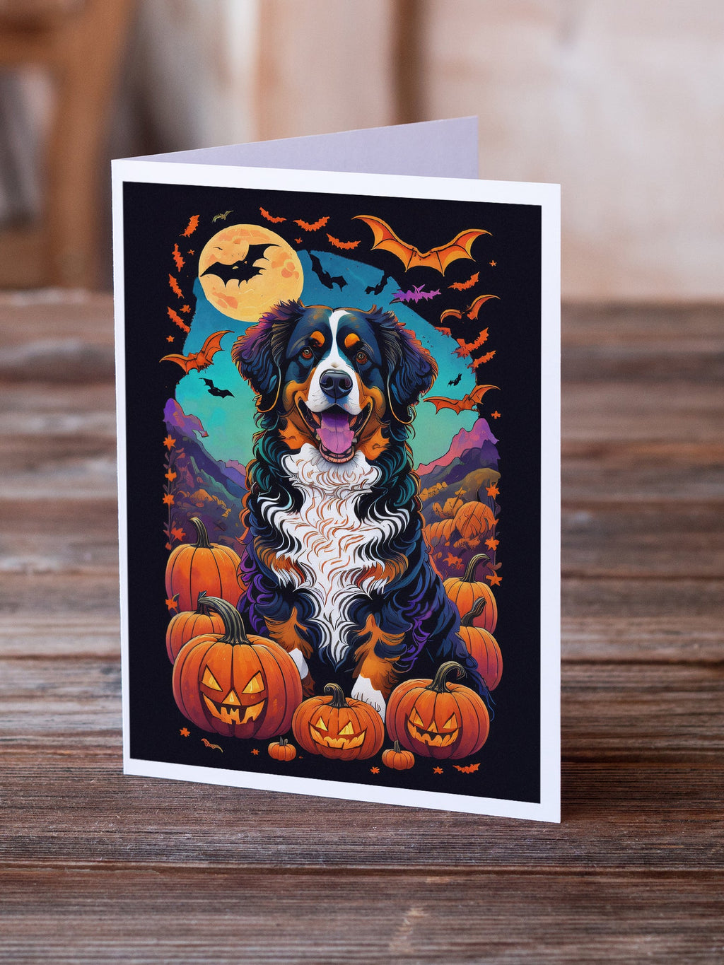 Bernese Mountain Dog Witchy Halloween Greeting Cards Pack of 8 Blank Cards with Envelopes Whimsical A7 Size 5x7