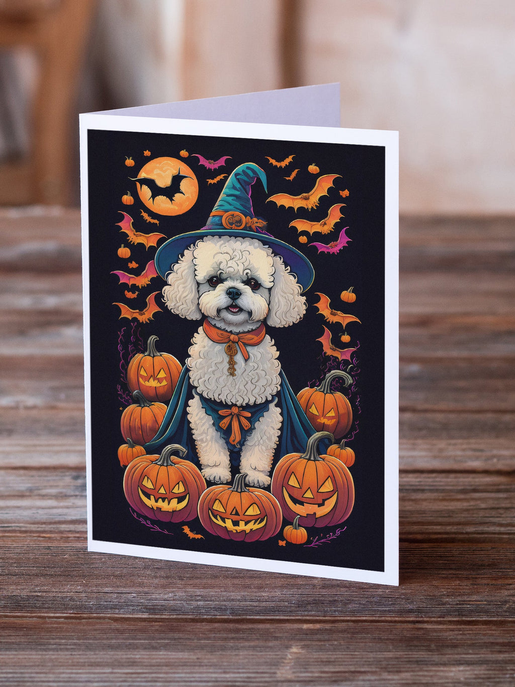Bichon Frise Witchy Halloween Greeting Cards Pack of 8 Blank Cards with Envelopes Whimsical A7 Size 5x7