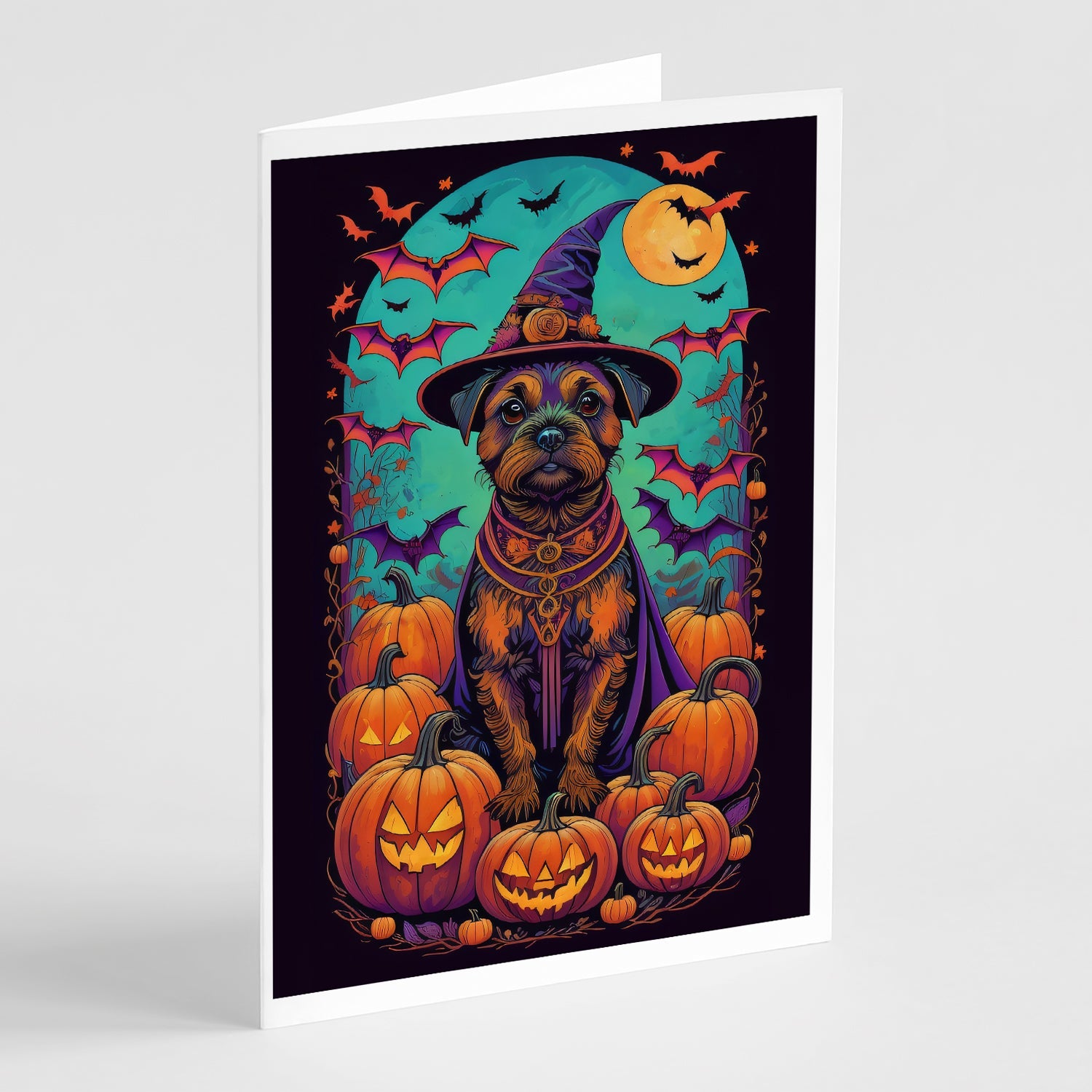 Border Terrier Witchy Halloween Greeting Cards Pack of 8 Blank Cards with Envelopes Whimsical A7 Size 5x7