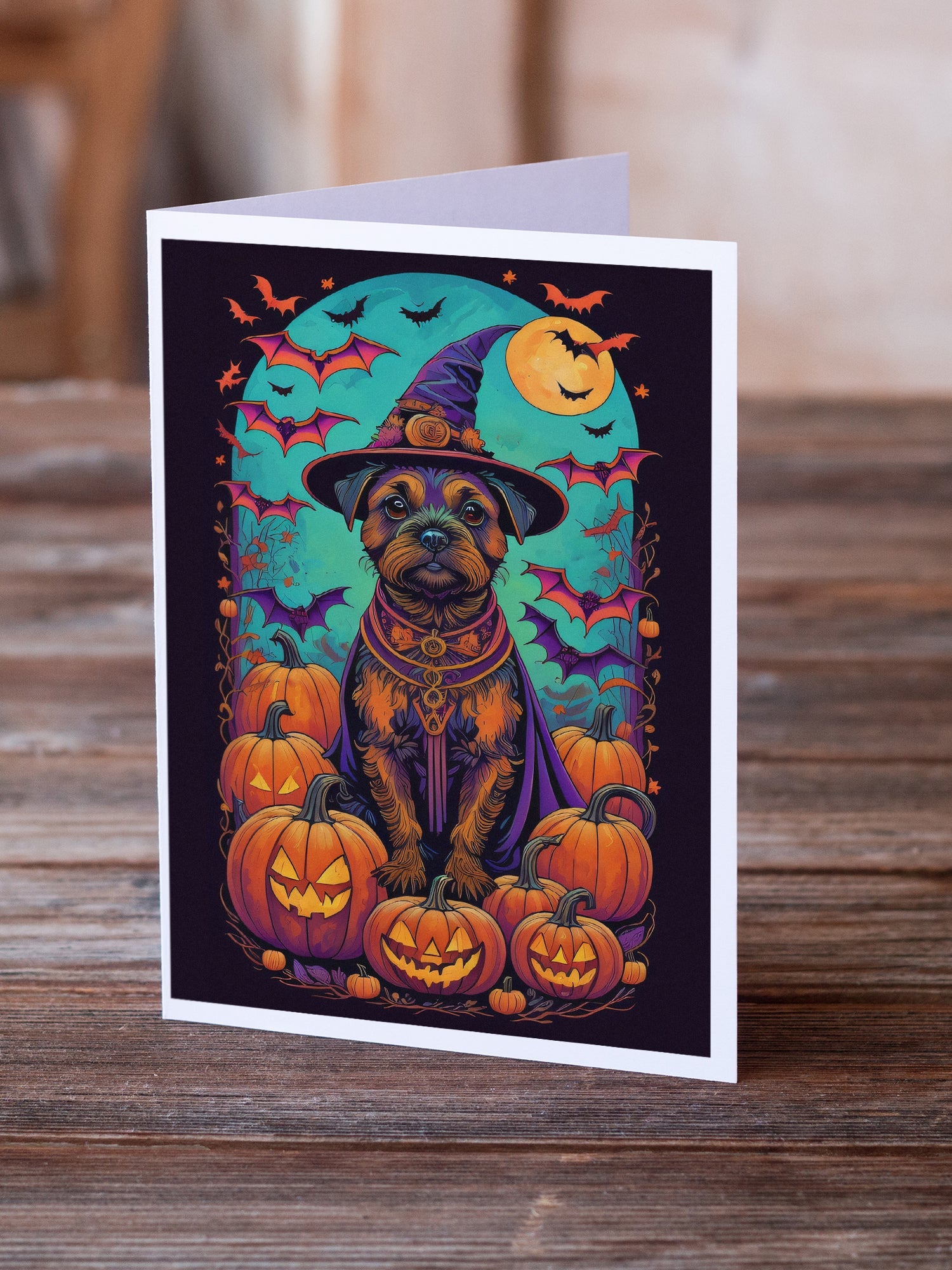 Border Terrier Witchy Halloween Greeting Cards Pack of 8 Blank Cards with Envelopes Whimsical A7 Size 5x7