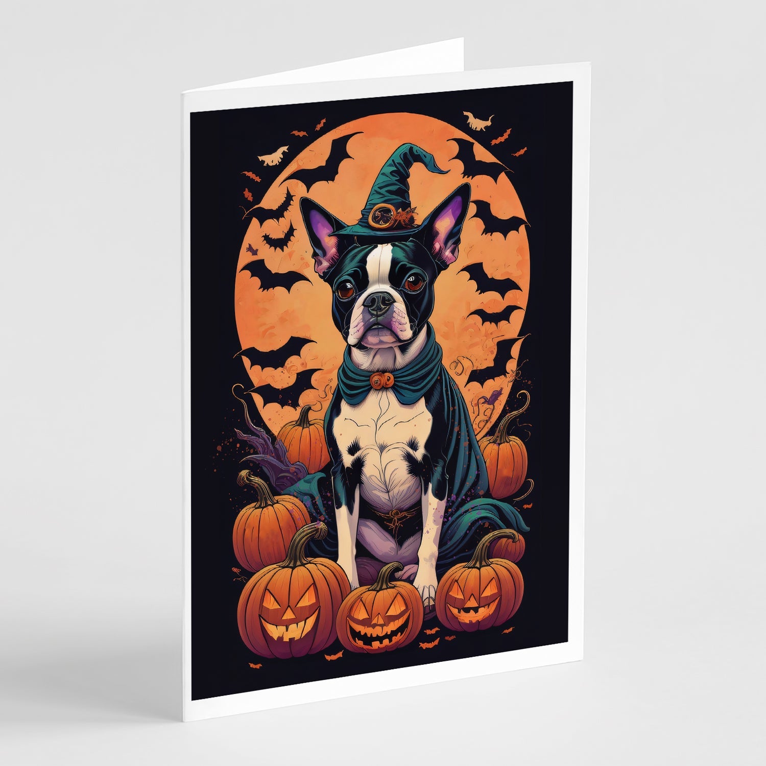 Boston Terrier Witchy Halloween Greeting Cards Pack of 8 Blank Cards with Envelopes Whimsical A7 Size 5x7