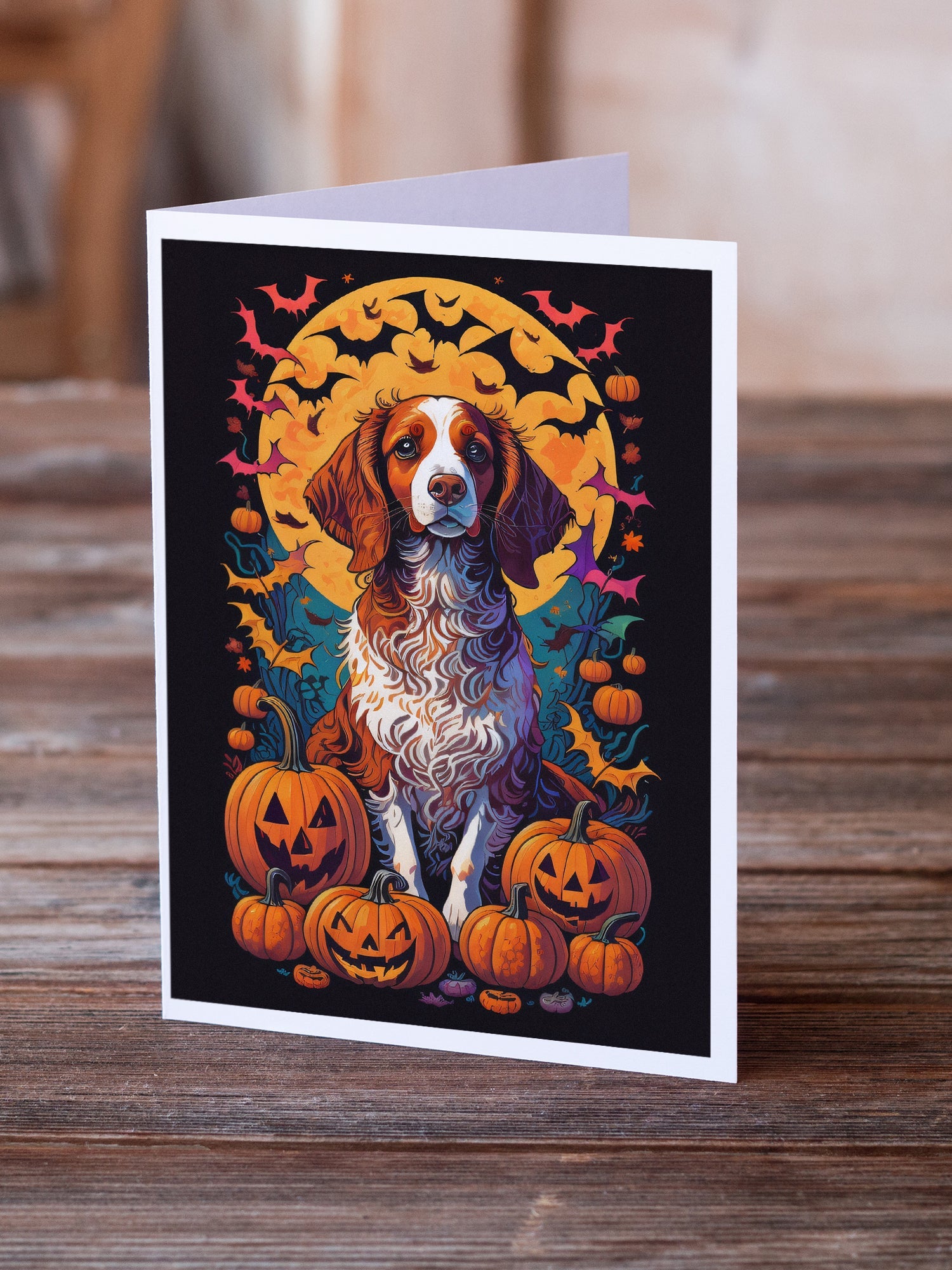 Brittany Spaniel Witchy Halloween Greeting Cards Pack of 8 Blank Cards with Envelopes Whimsical A7 Size 5x7