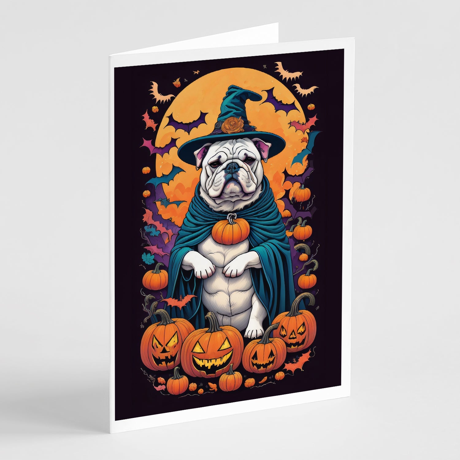 White English Bulldog Witchy Halloween Greeting Cards Pack of 8 Blank Cards with Envelopes Whimsical A7 Size 5x7