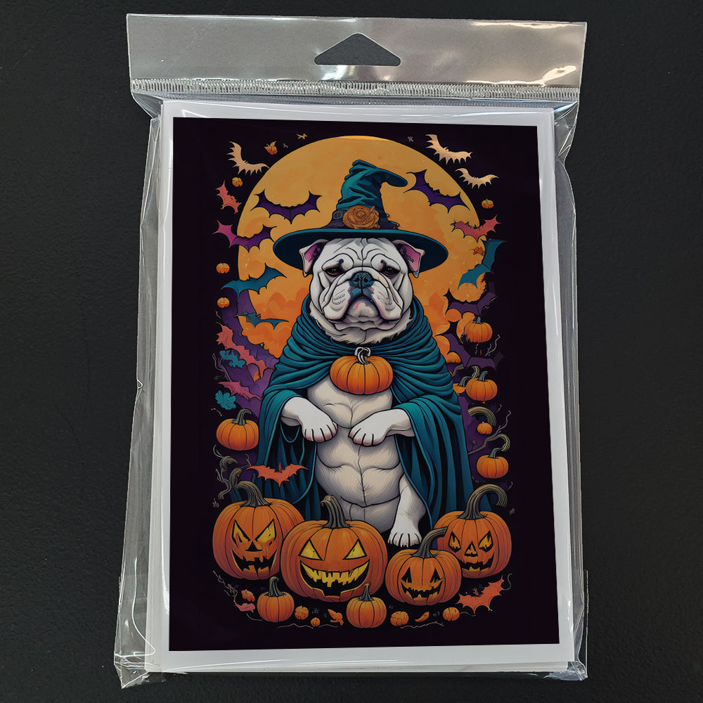 White English Bulldog Witchy Halloween Greeting Cards Pack of 8 Blank Cards with Envelopes Whimsical A7 Size 5x7