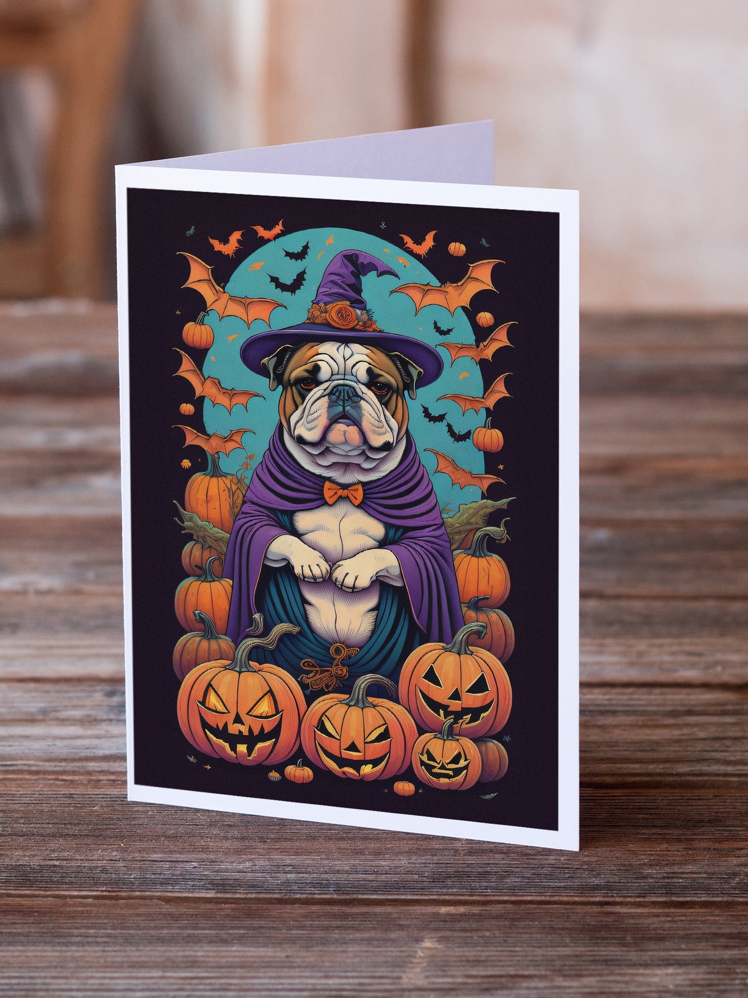 English Bulldog Witchy Halloween Greeting Cards Pack of 8 Blank Cards with Envelopes Whimsical A7 Size 5x7
