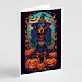 Longhair Black and Tan Dachshund Witchy Halloween Greeting Cards Pack of 8 Blank Cards with Envelopes Whimsical A7 Size 5x7