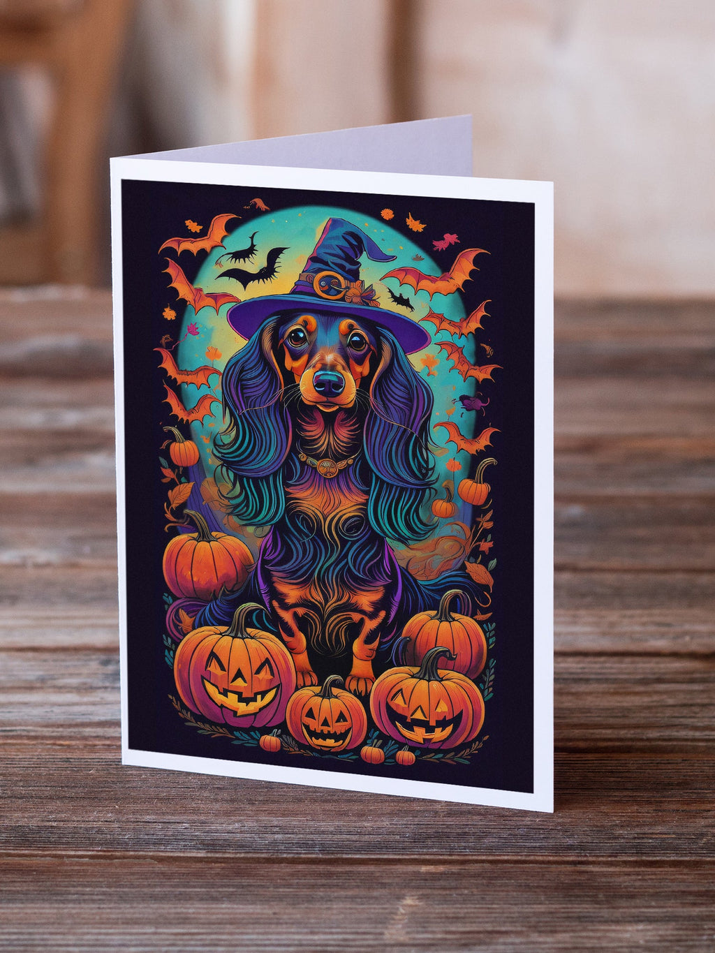 Longhair Black and Tan Dachshund Witchy Halloween Greeting Cards Pack of 8 Blank Cards with Envelopes Whimsical A7 Size 5x7