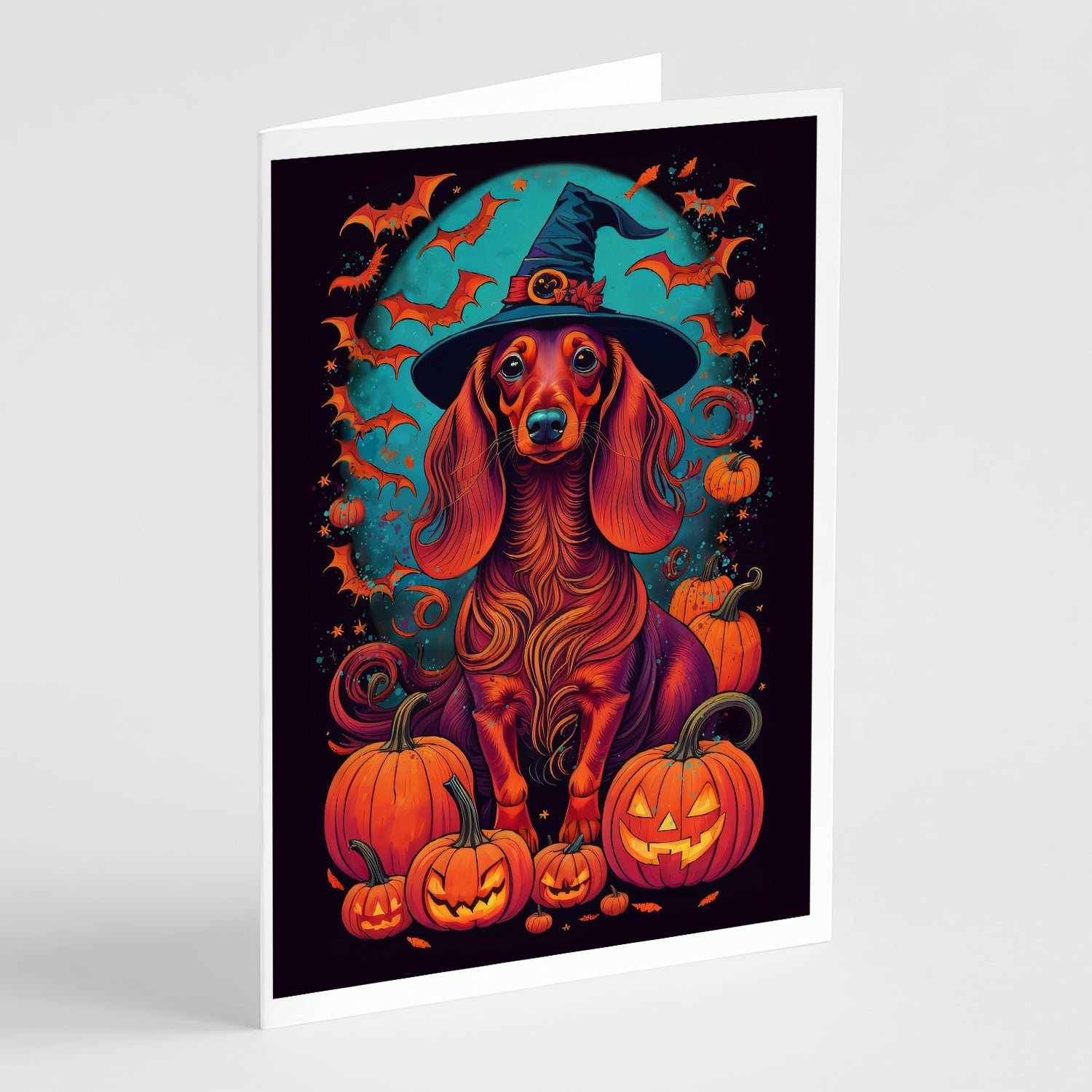 Longhair Dachshund Witchy Halloween Greeting Cards Pack of 8 Blank Cards with Envelopes Whimsical A7 Size 5x7