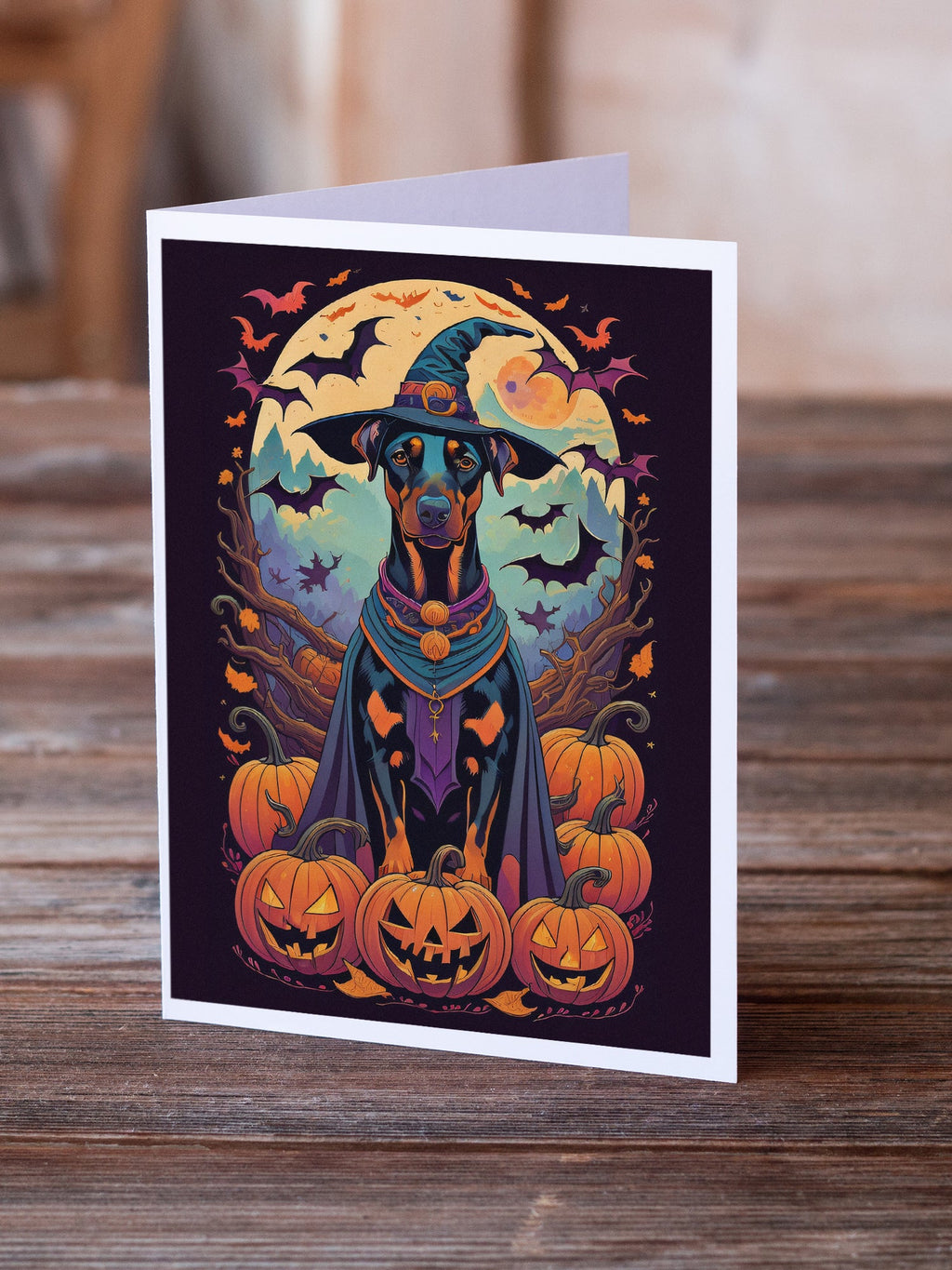 Doberman Pinscher Witchy Halloween Greeting Cards Pack of 8 Blank Cards with Envelopes Whimsical A7 Size 5x7