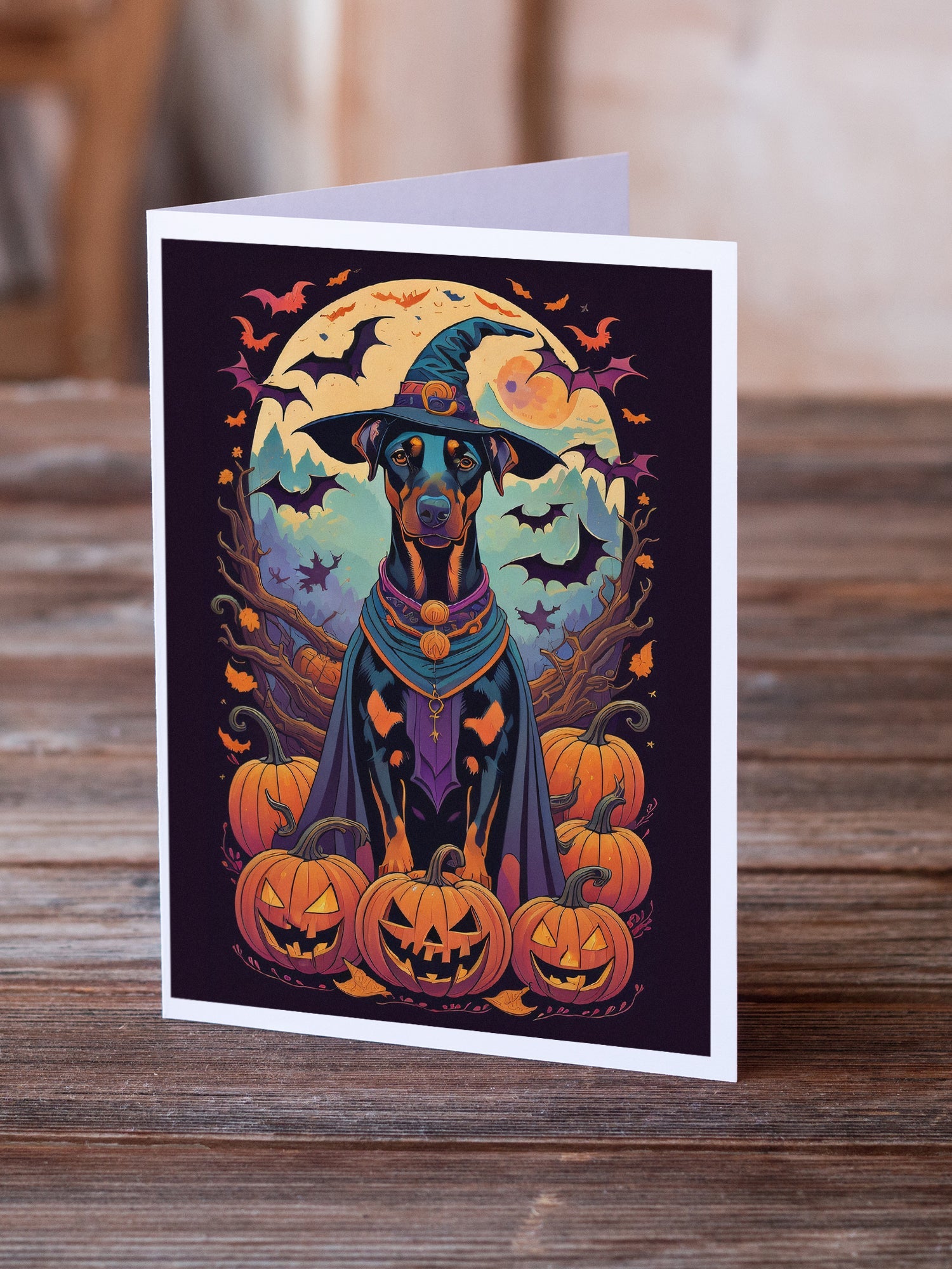 Doberman Pinscher Witchy Halloween Greeting Cards Pack of 8 Blank Cards with Envelopes Whimsical A7 Size 5x7