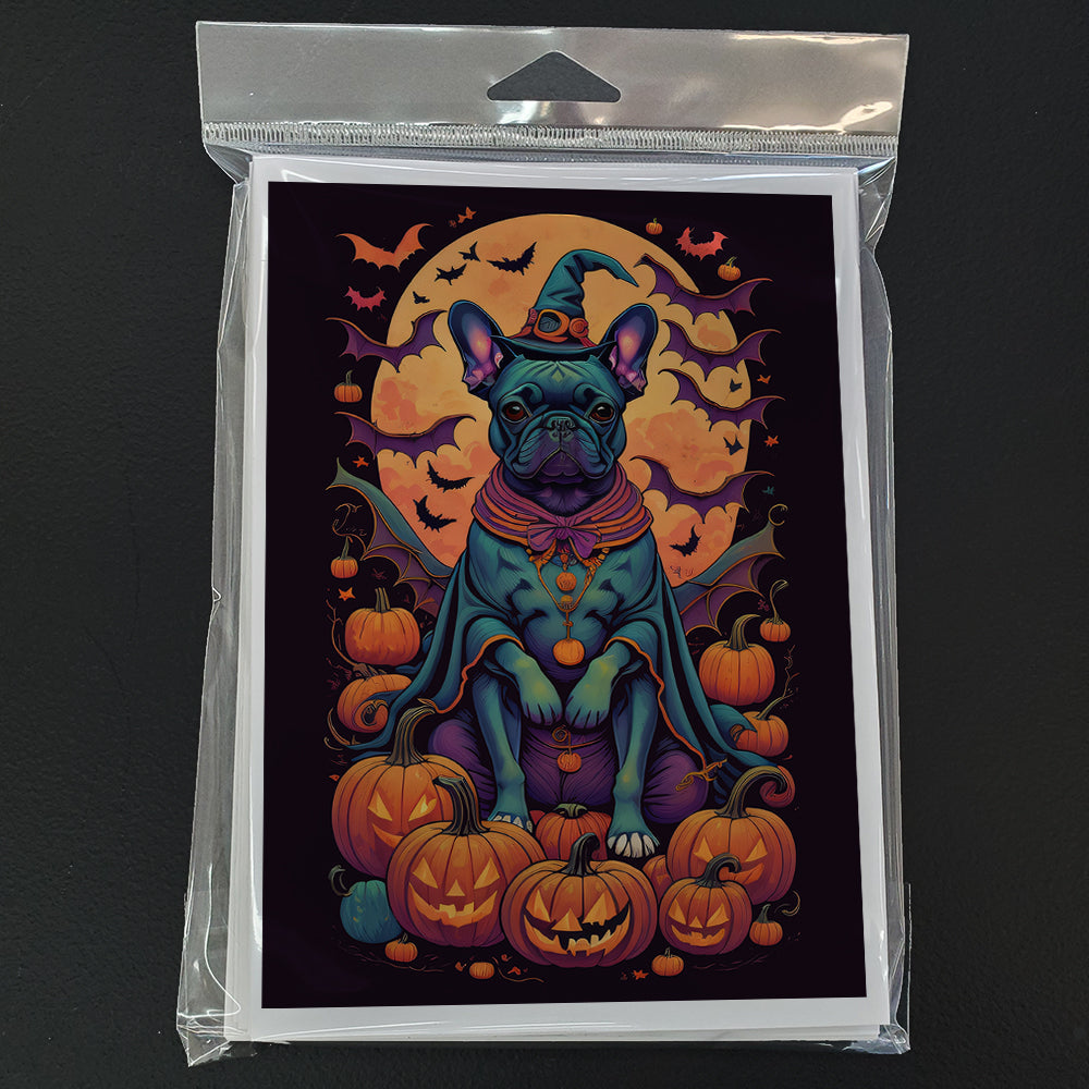 Black French Bulldog Witchy Halloween Greeting Cards Pack of 8 Blank Cards with Envelopes Whimsical A7 Size 5x7
