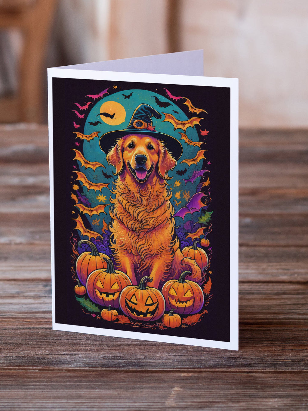 Golden Retriever Witchy Halloween Greeting Cards Pack of 8 Blank Cards with Envelopes Whimsical A7 Size 5x7