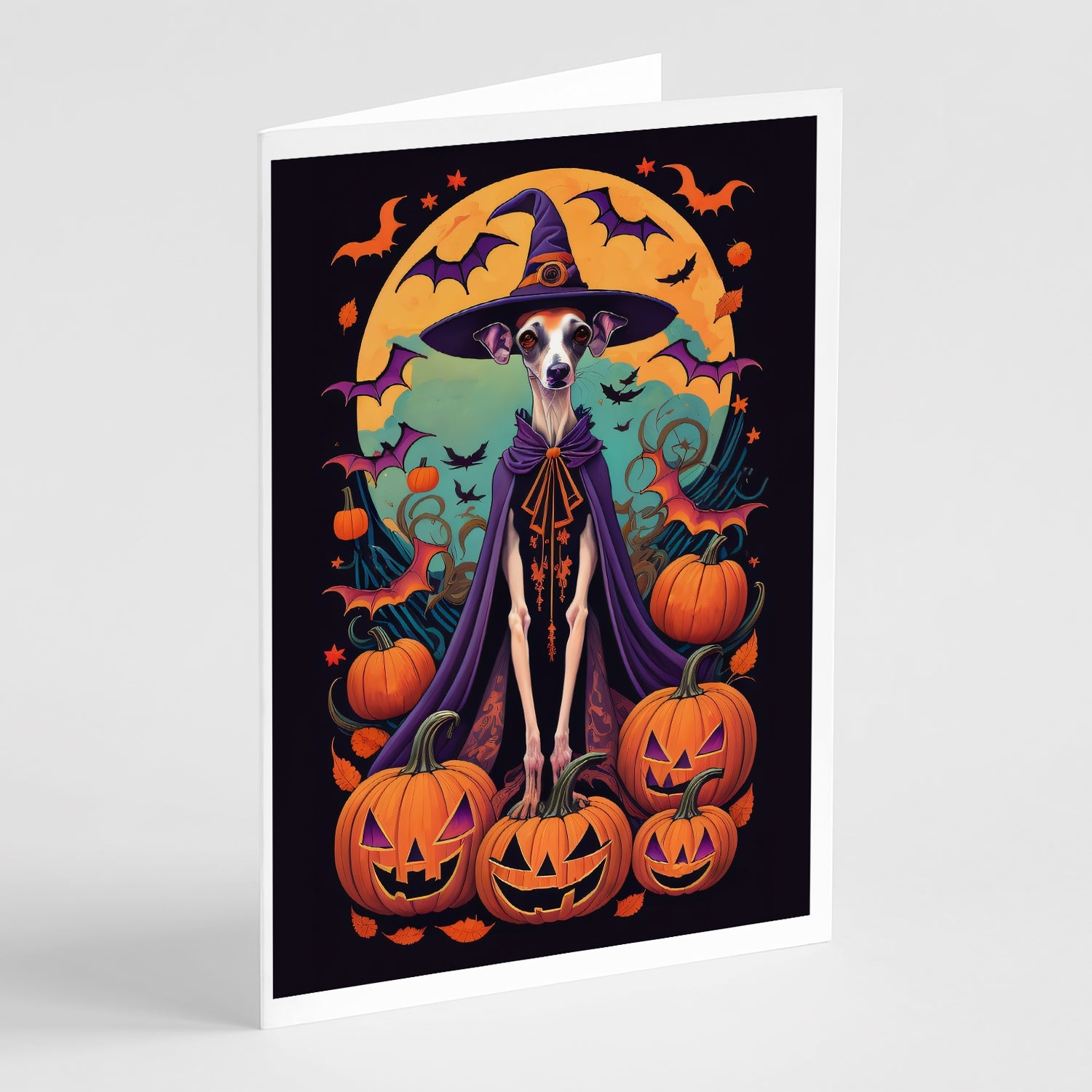 Italian Greyhound Witchy Halloween Greeting Cards Pack of 8 Blank Cards with Envelopes Whimsical A7 Size 5x7