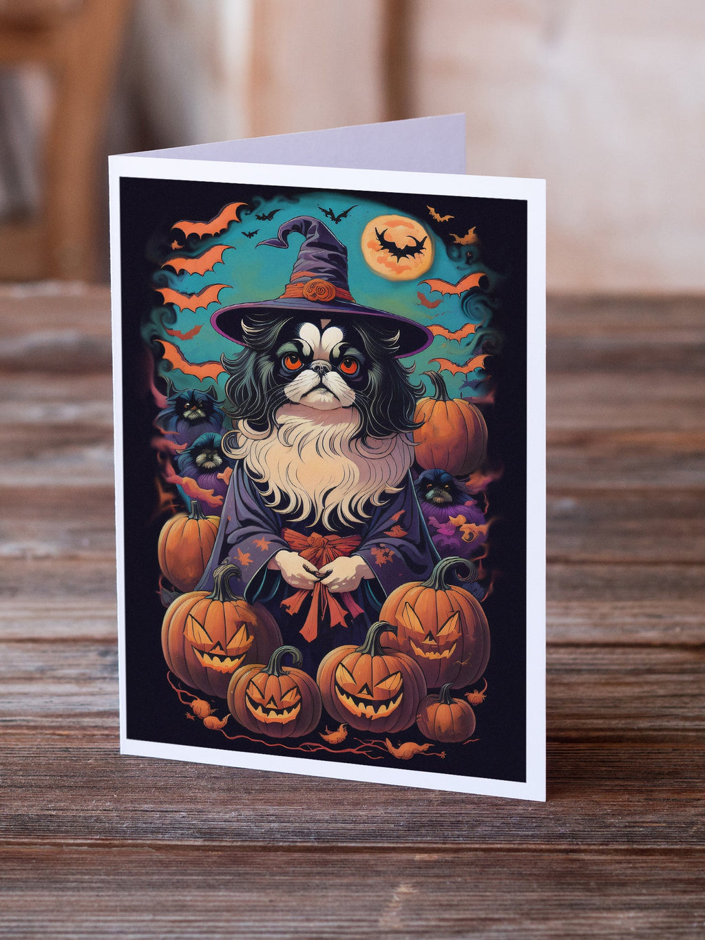 Japanese Chin Witchy Halloween Greeting Cards Pack of 8 Blank Cards with Envelopes Whimsical A7 Size 5x7