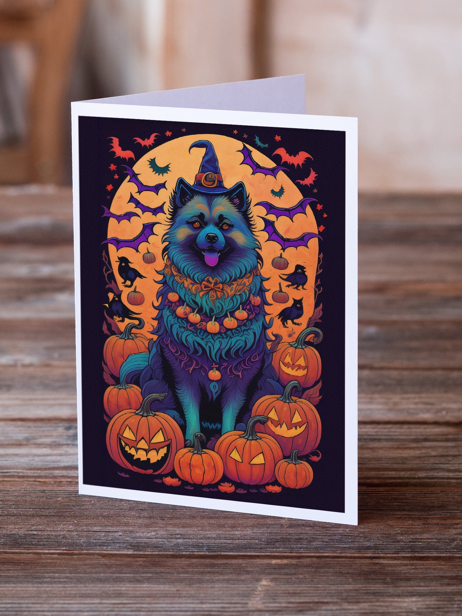 Keeshond Witchy Halloween Greeting Cards Pack of 8 Blank Cards with Envelopes Whimsical A7 Size 5x7