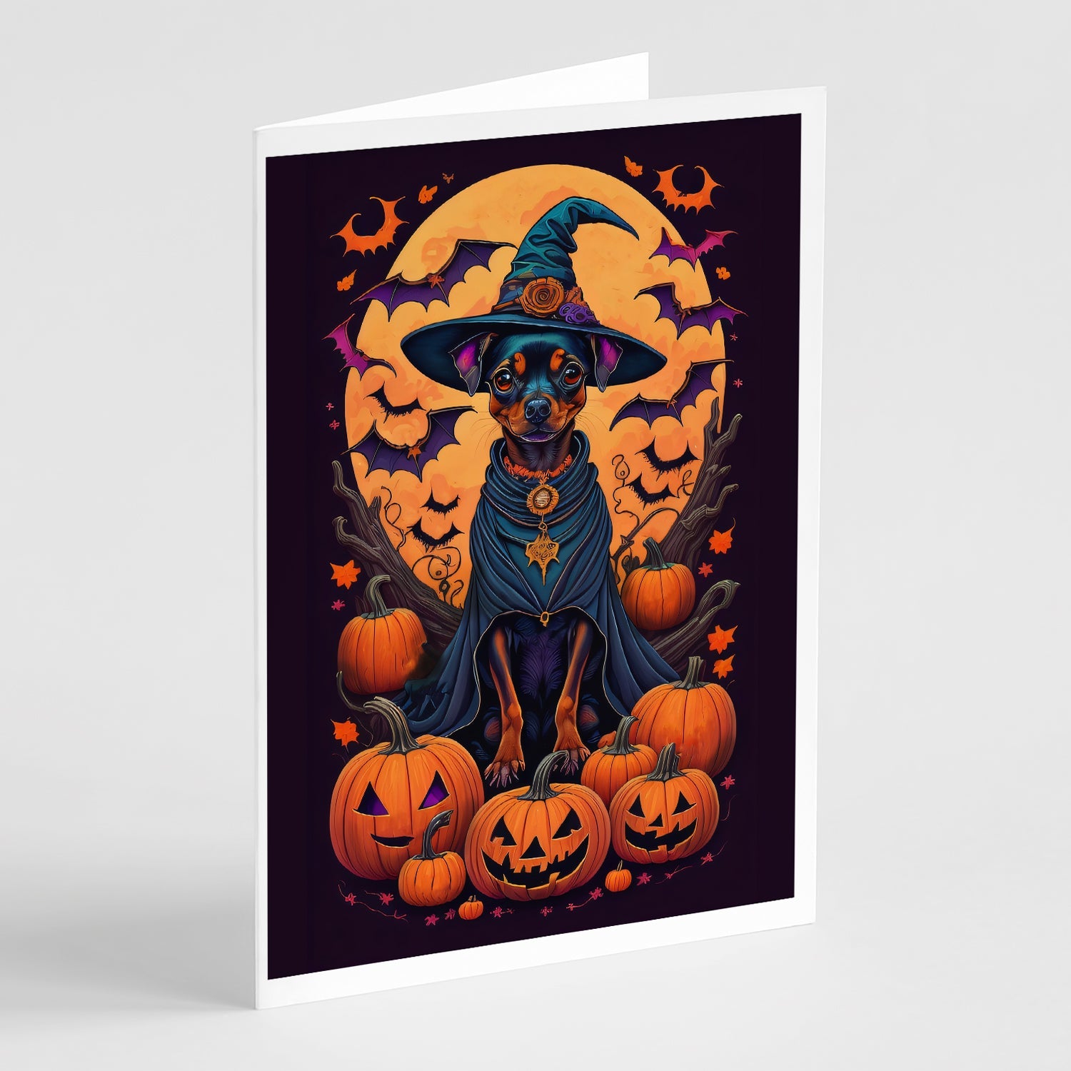 Miniature Pinscher Witchy Halloween Greeting Cards Pack of 8 Blank Cards with Envelopes Whimsical A7 Size 5x7