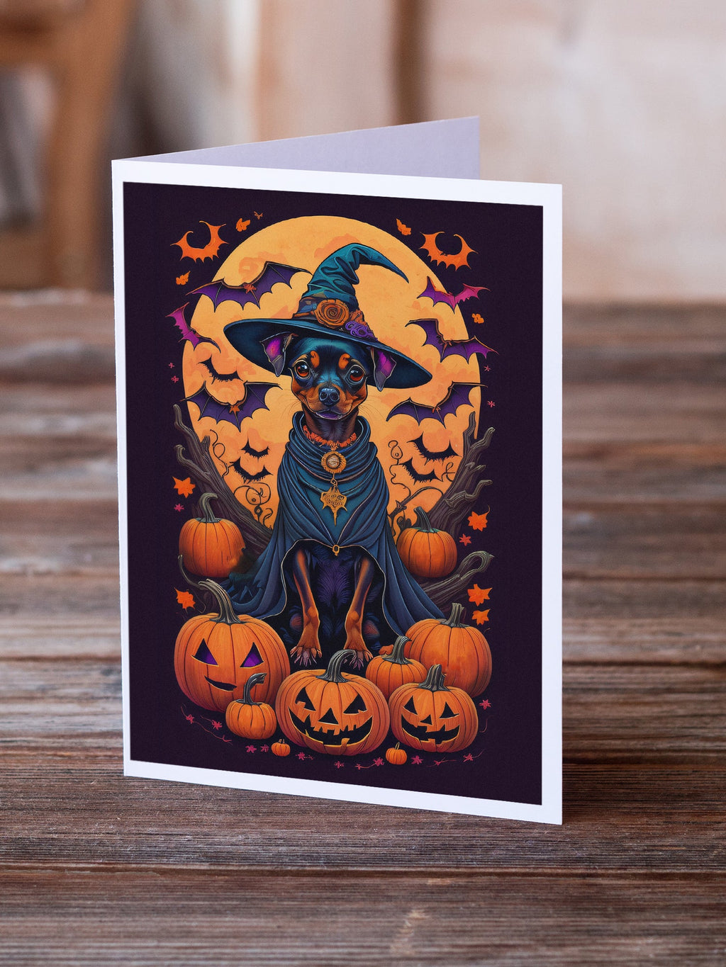 Miniature Pinscher Witchy Halloween Greeting Cards Pack of 8 Blank Cards with Envelopes Whimsical A7 Size 5x7