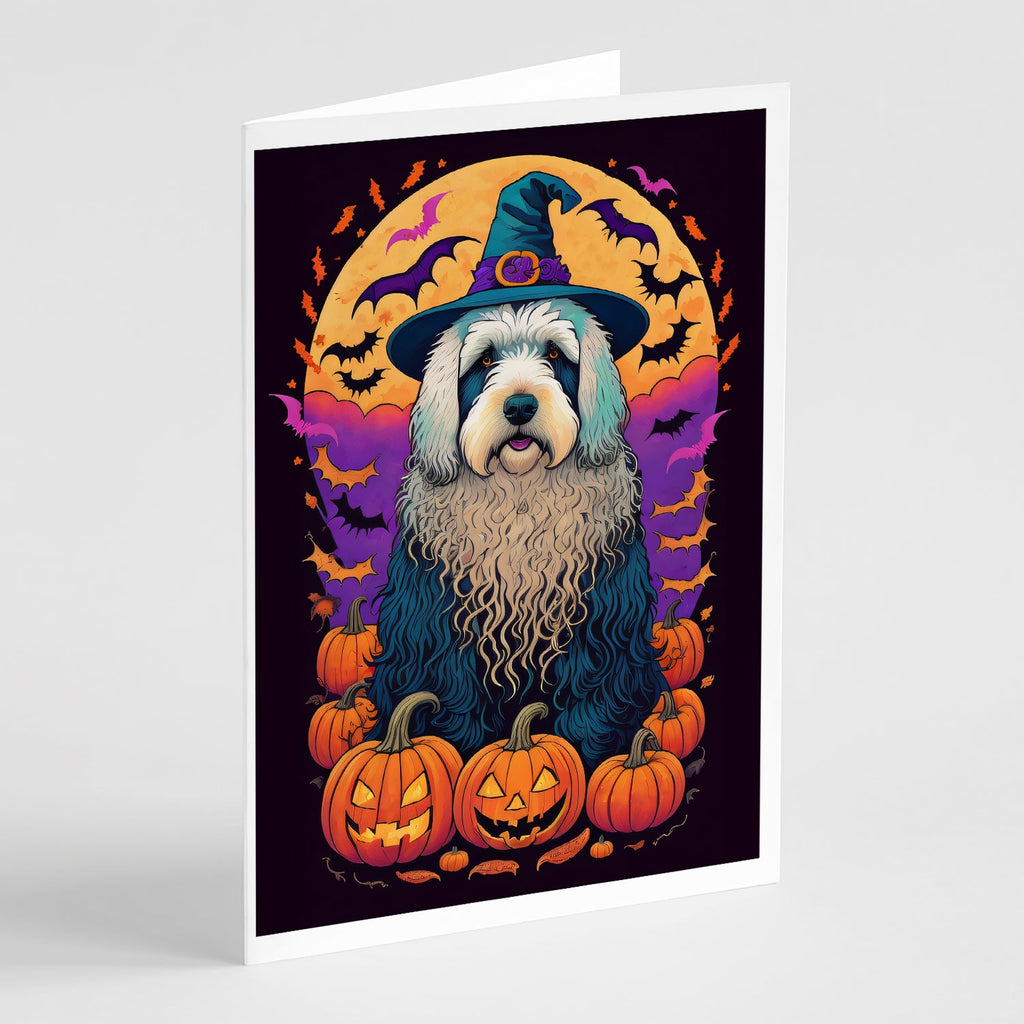 Old English Sheepdog Witchy Halloween Greeting Cards Pack of 8 Blank Cards with Envelopes Whimsical A7 Size 5x7