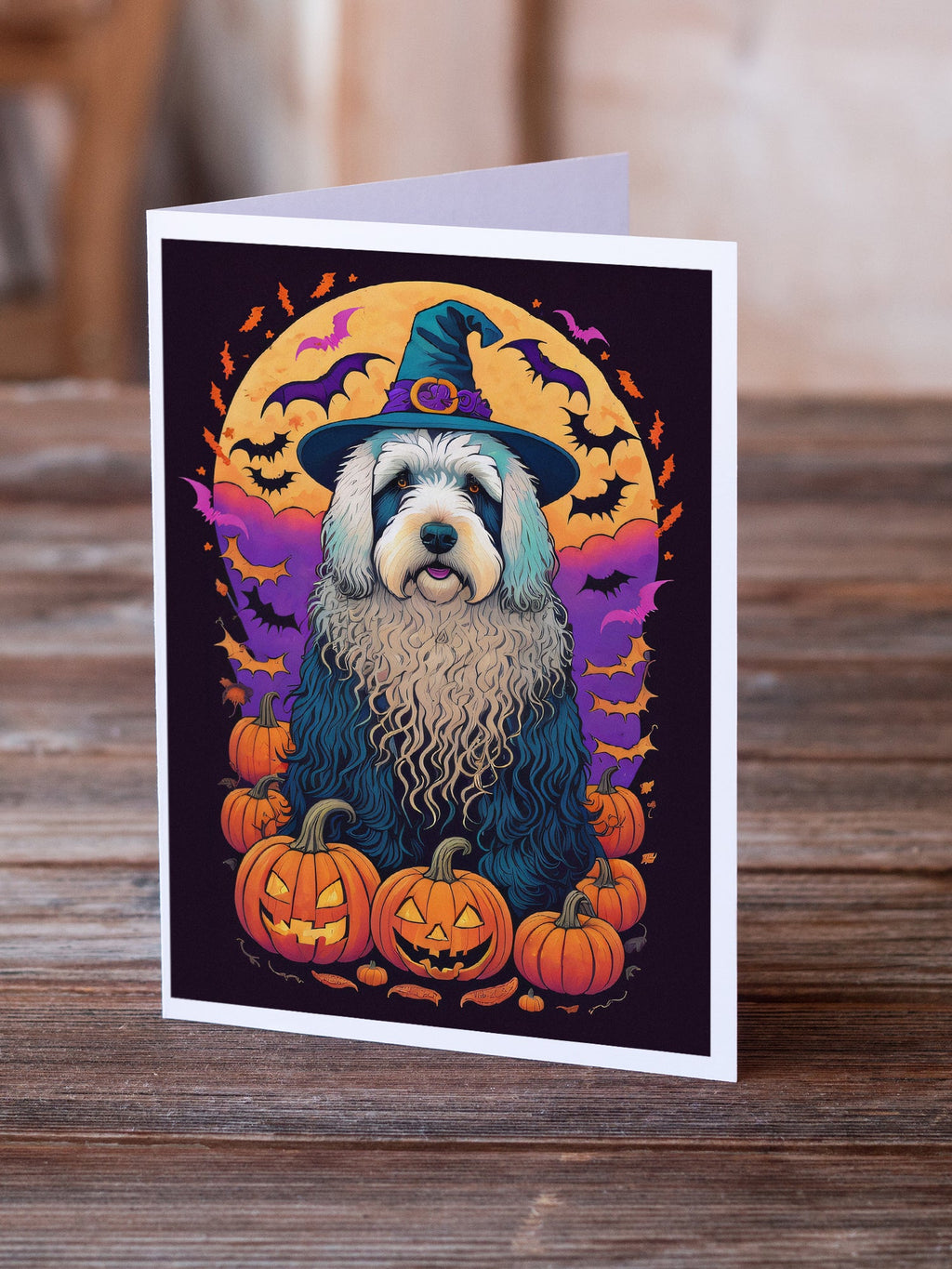 Old English Sheepdog Witchy Halloween Greeting Cards Pack of 8 Blank Cards with Envelopes Whimsical A7 Size 5x7