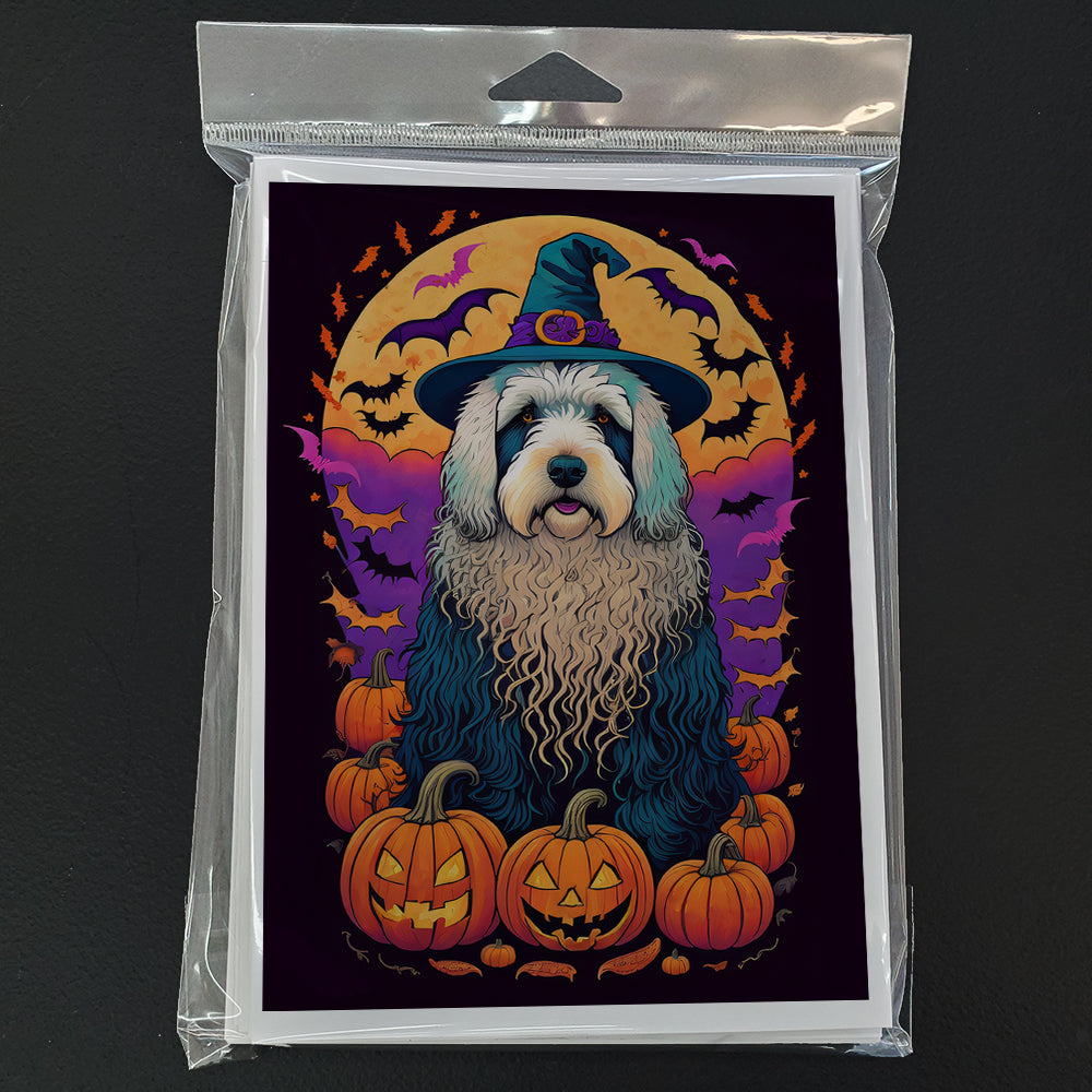 Old English Sheepdog Witchy Halloween Greeting Cards Pack of 8 Blank Cards with Envelopes Whimsical A7 Size 5x7