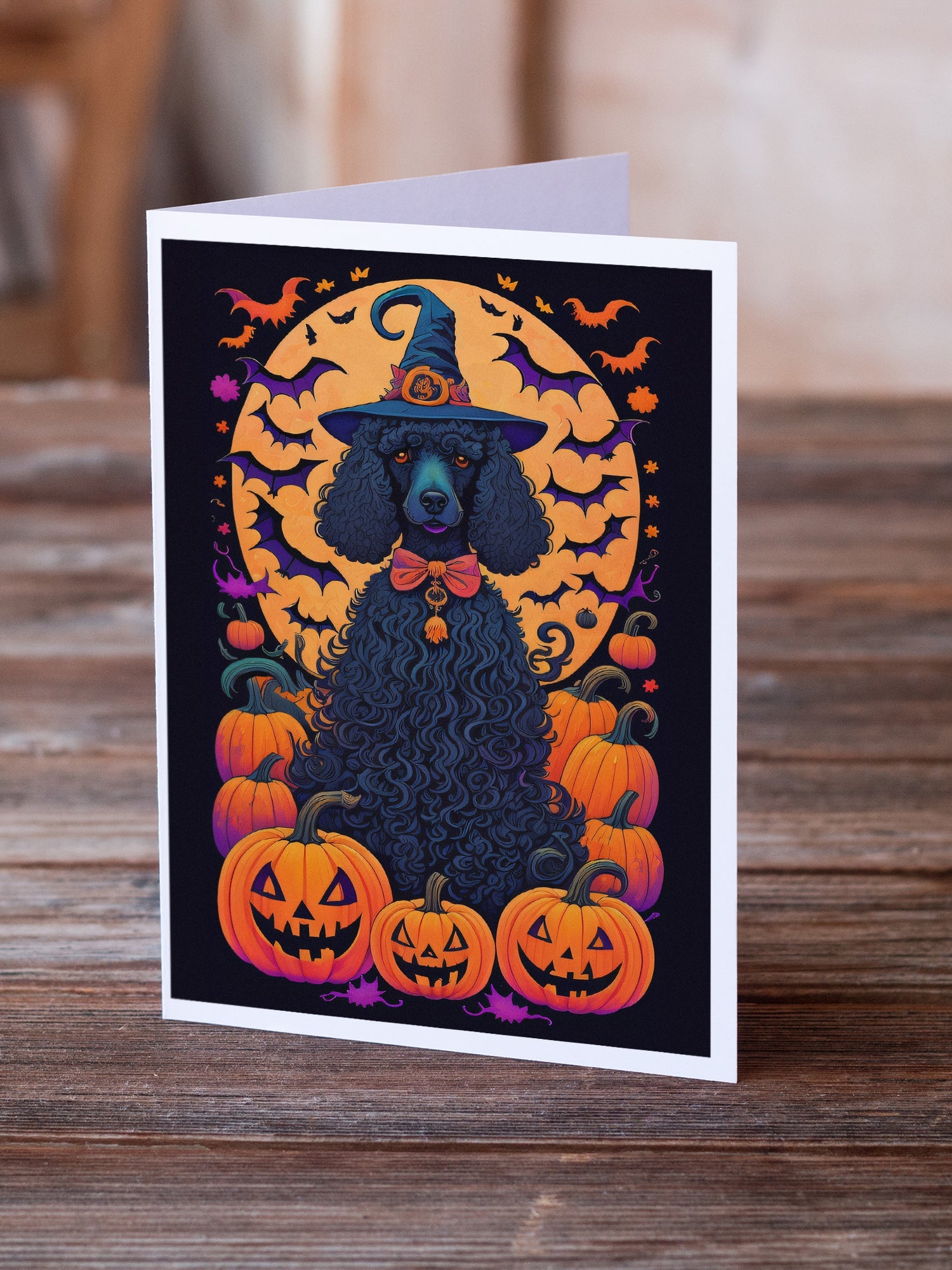 Black Standard Poodle Witchy Halloween Greeting Cards Pack of 8 Blank Cards with Envelopes Whimsical A7 Size 5x7