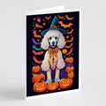 White Standard Poodle Witchy Halloween Greeting Cards Pack of 8 Blank Cards with Envelopes Whimsical A7 Size 5x7