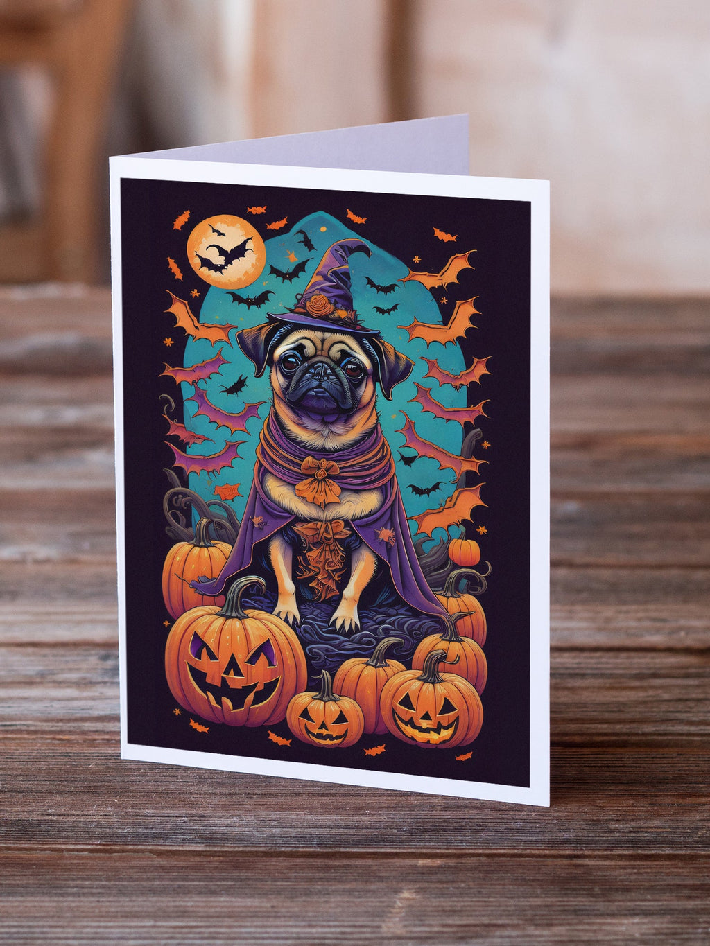 Pug Witchy Halloween Greeting Cards Pack of 8 Blank Cards with Envelopes Whimsical A7 Size 5x7