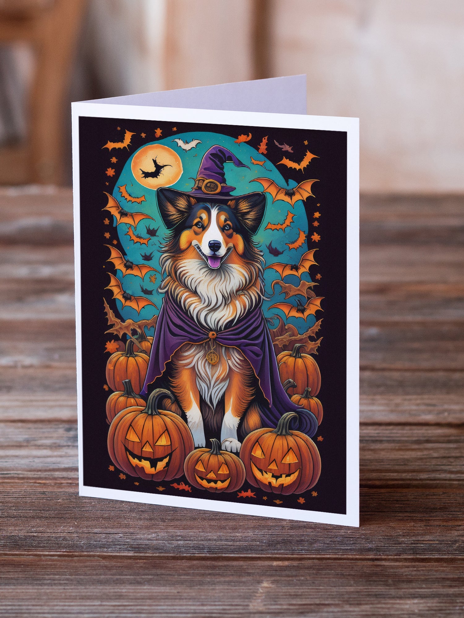 Sheltie Witchy Halloween Greeting Cards Pack of 8 Blank Cards with Envelopes Whimsical A7 Size 5x7