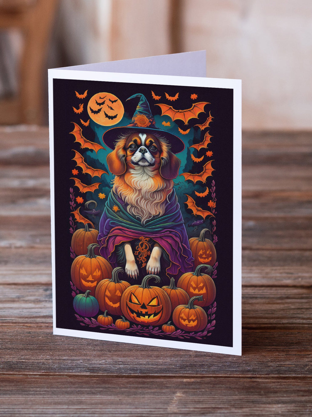 Tibetan Spaniel Witchy Halloween Greeting Cards Pack of 8 Blank Cards with Envelopes Whimsical A7 Size 5x7