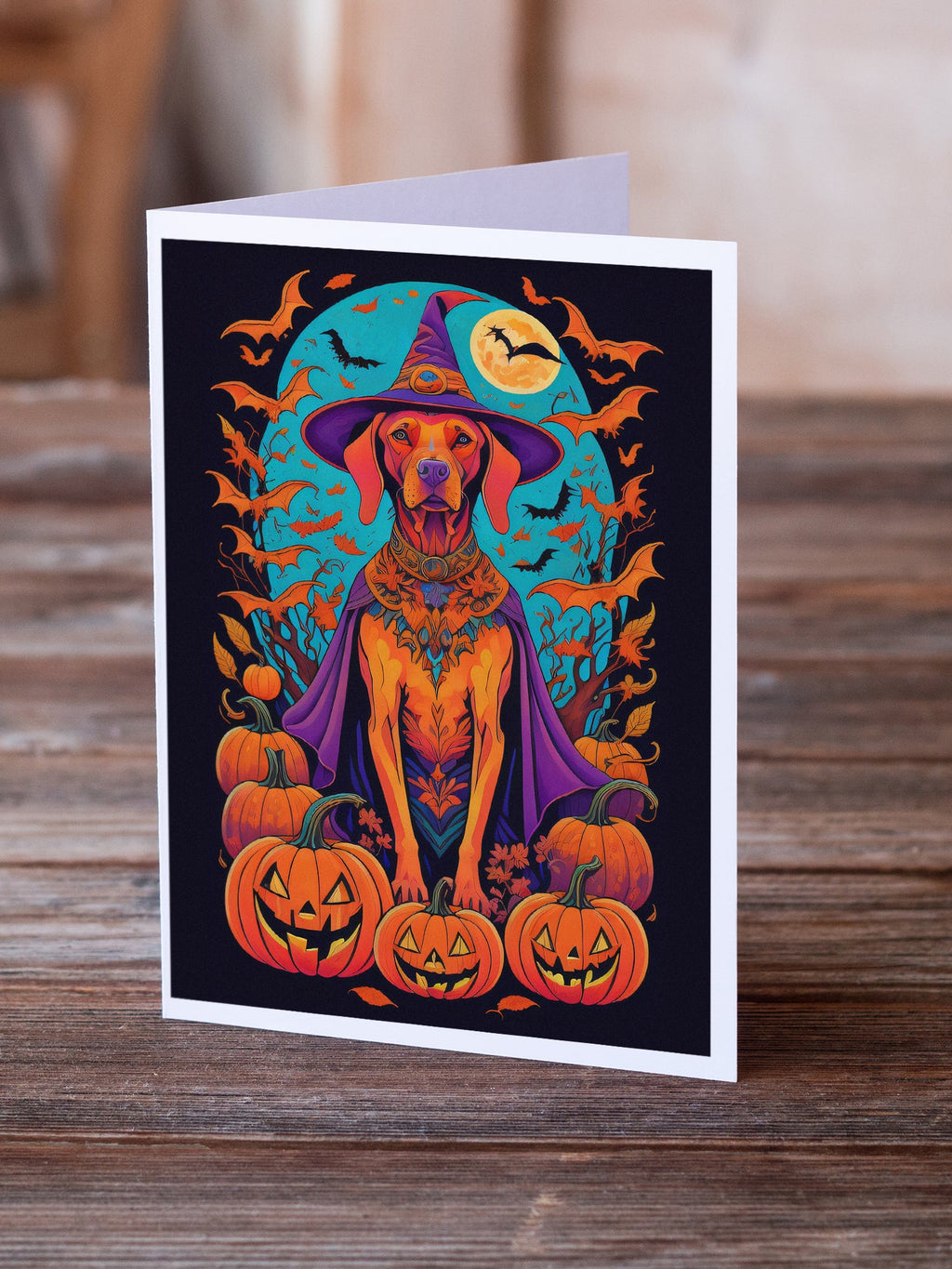 Vizsla Witchy Halloween Greeting Cards Pack of 8 Blank Cards with Envelopes Whimsical A7 Size 5x7