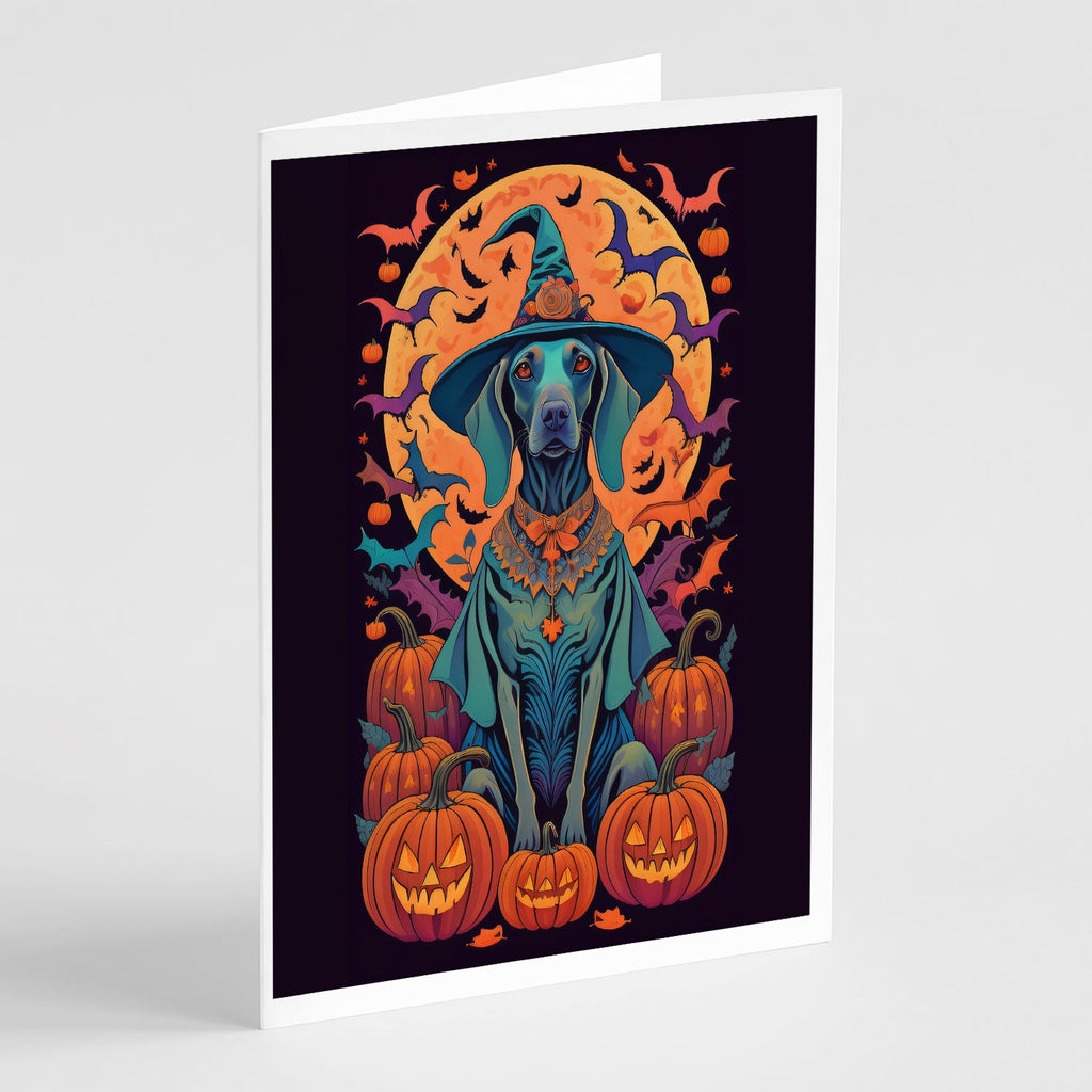Weimaraner Witchy Halloween Greeting Cards Pack of 8 Blank Cards with Envelopes Whimsical A7 Size 5x7