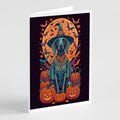 Weimaraner Witchy Halloween Greeting Cards Pack of 8 Blank Cards with Envelopes Whimsical A7 Size 5x7