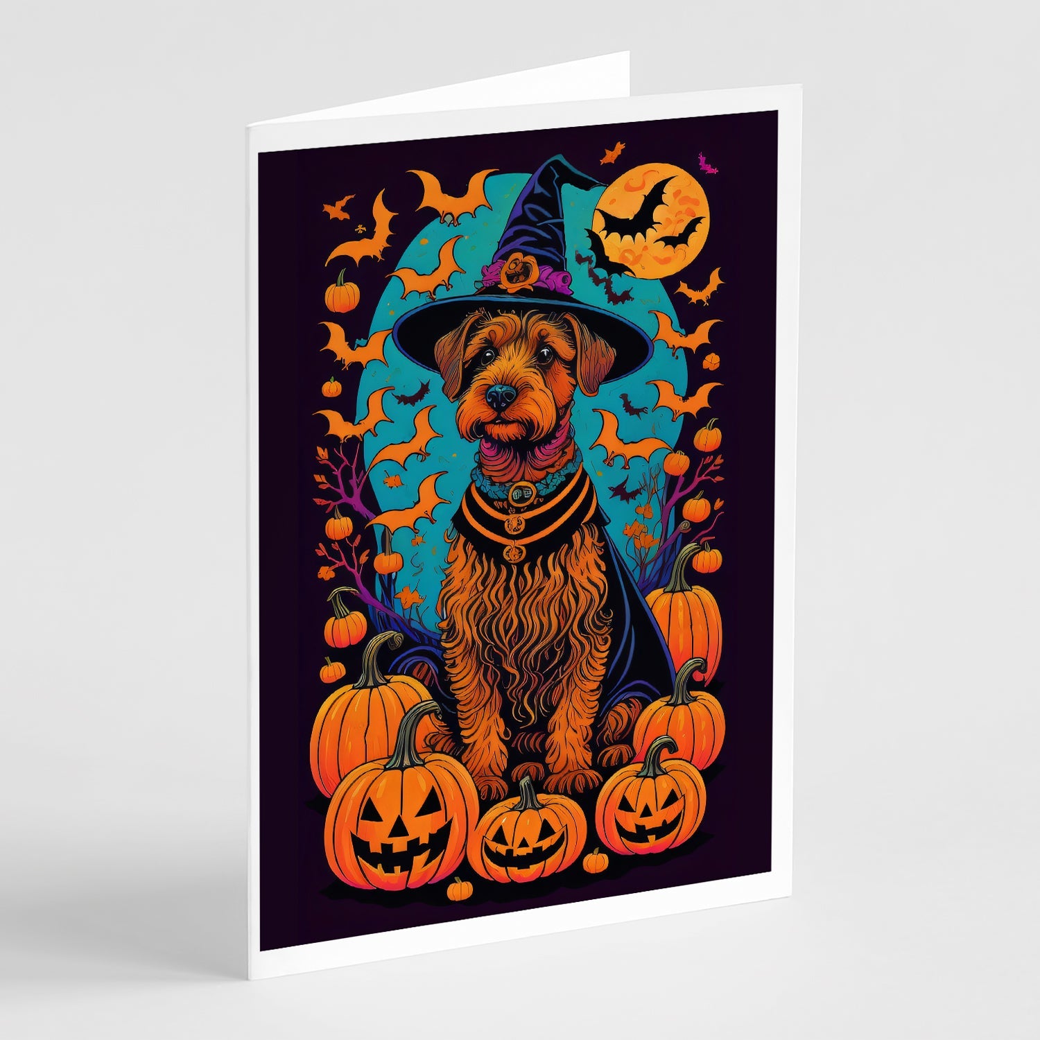 Welsh Terrier Witchy Halloween Greeting Cards Pack of 8 Blank Cards with Envelopes Whimsical A7 Size 5x7