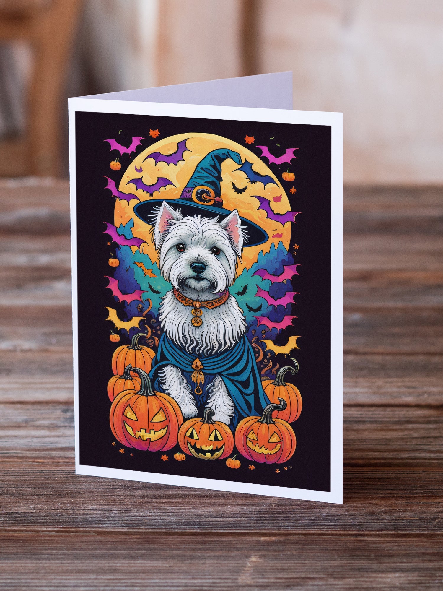 Westie Witchy Halloween Greeting Cards Pack of 8 Blank Cards with Envelopes Whimsical A7 Size 5x7