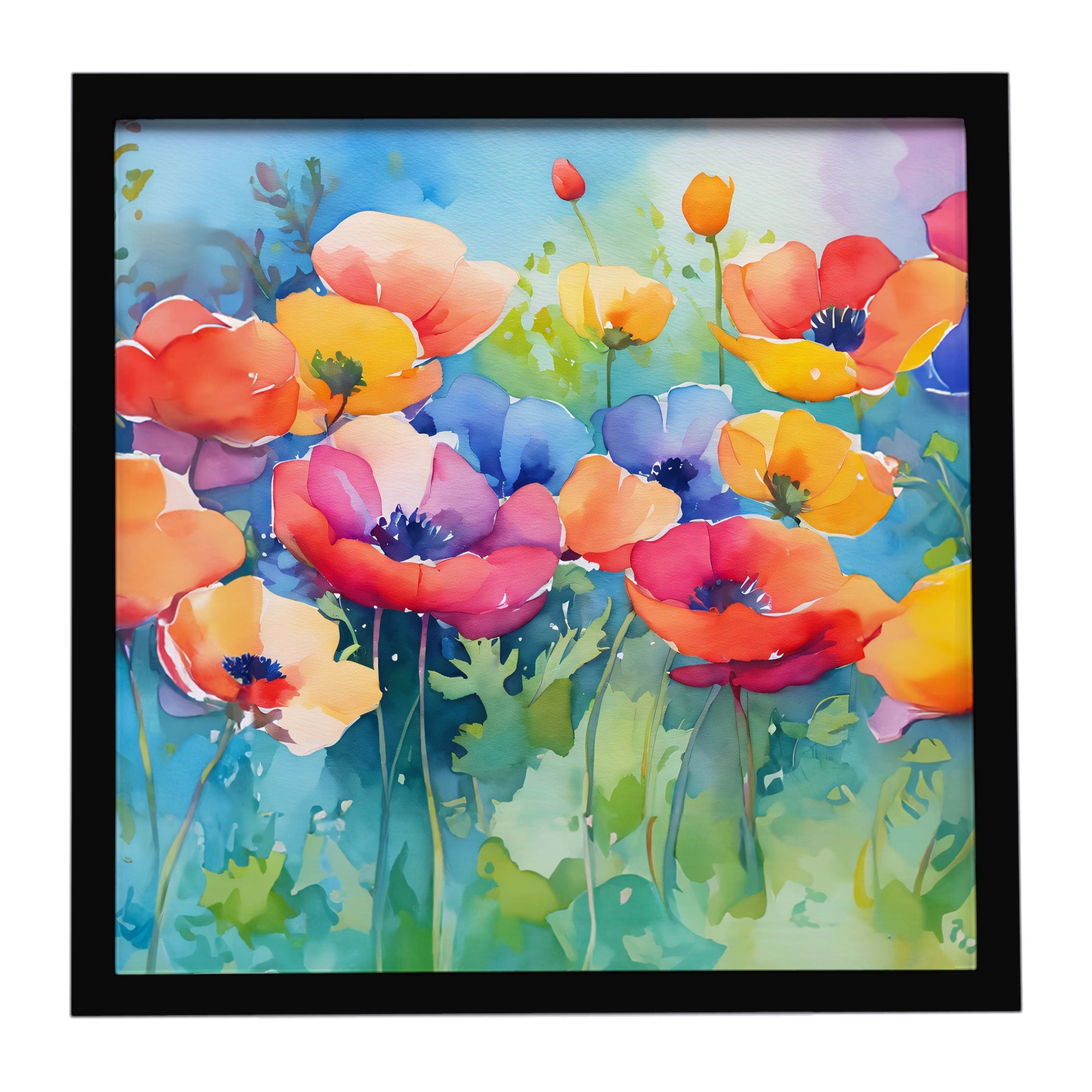 Anemones in Watercolor Framed Metal Print Bathroom, Kitchen, Office, Home Decor Wall Art Ready to Hang, Square, 8X8