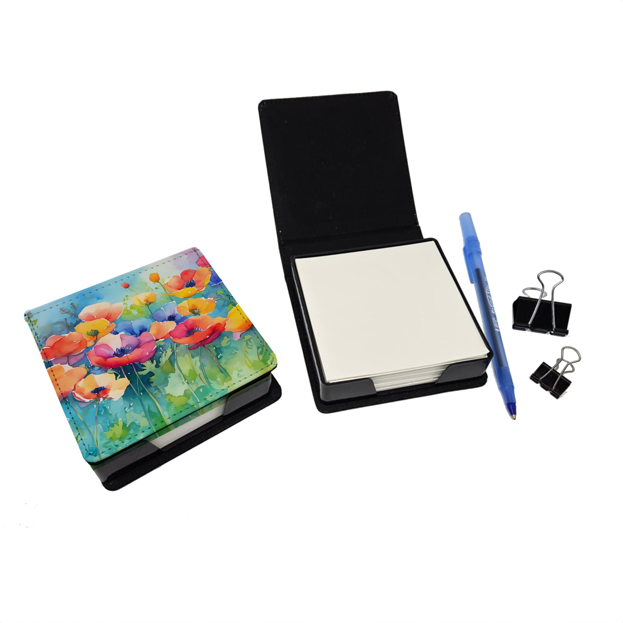 Anemones in Watercolor PU Leather Note Paper Holder with Artist-Designed Cover, Desk Accessory, Office Gift