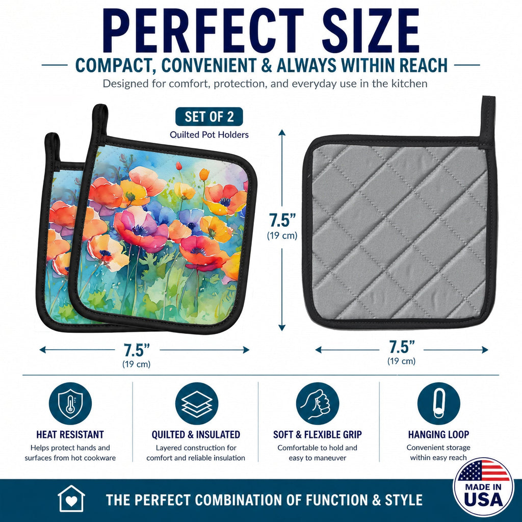 Anemones in Watercolor Pot Holder Set of 2 Heat Resistant Quilted Hot Pads 7.5 x 7.5 Inch, Insulated Kitchen Trivets for Cooking & Baking